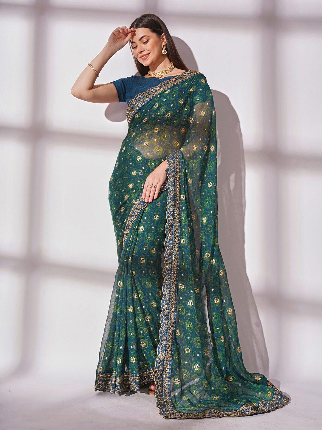 mitera teal blue & green bandhani printed sequiend pure georgette saree