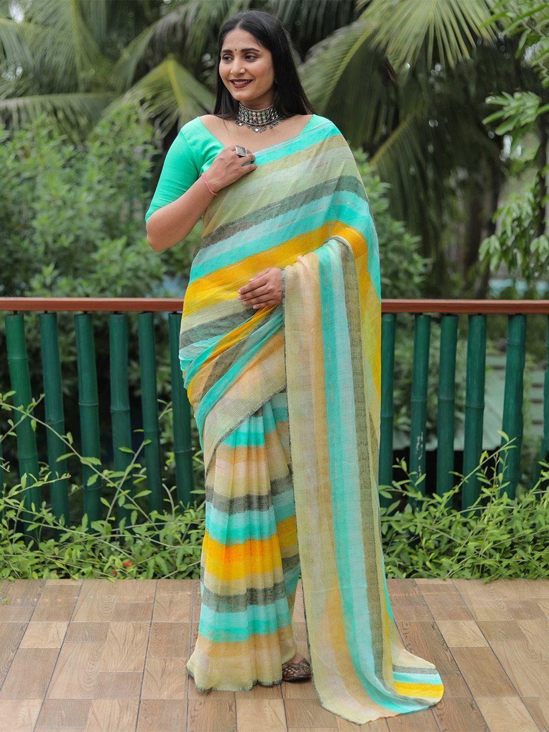 mitera teal blue & yellow striped saree