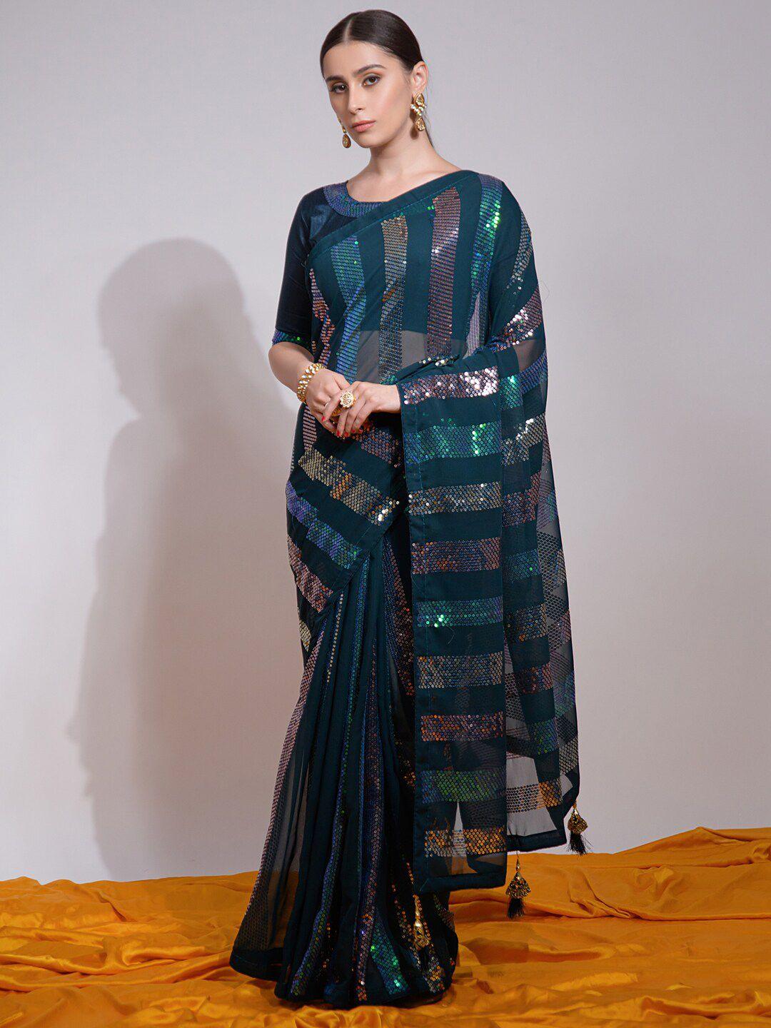 mitera teal blue embellished sequinned pure georgette saree