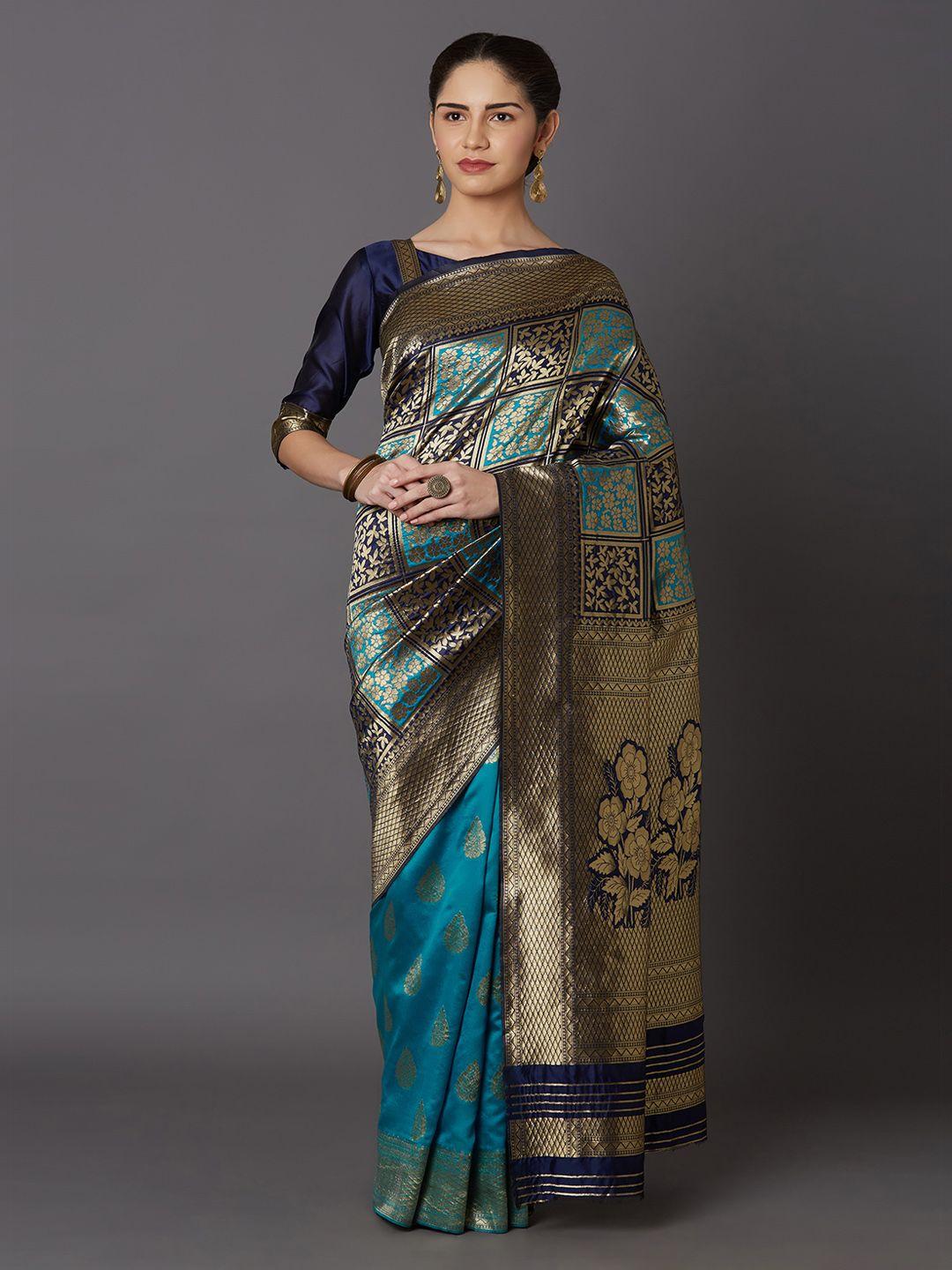 mitera teal blue silk blend woven design kanjeevaram saree