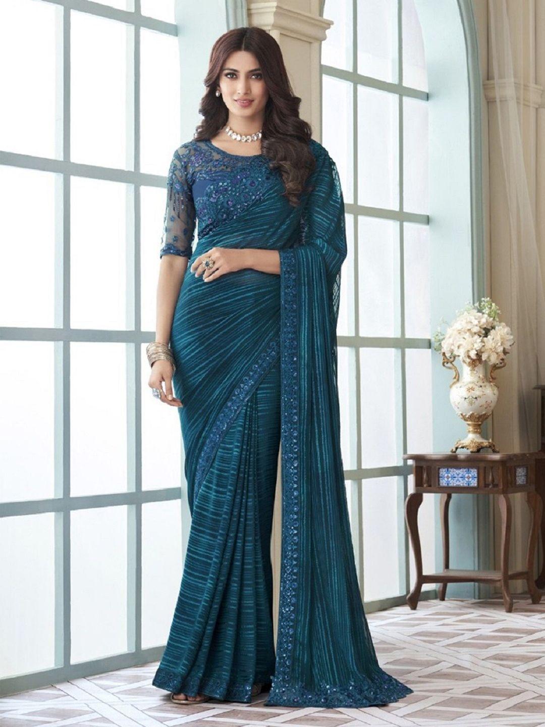 mitera teal blue striped embroidered sequinned silk blend saree