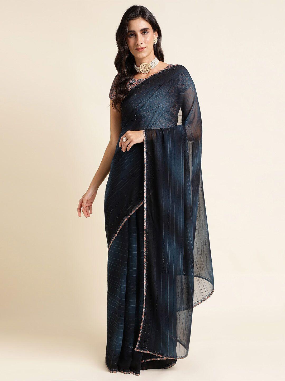 mitera teal blue striped pure georgette saree