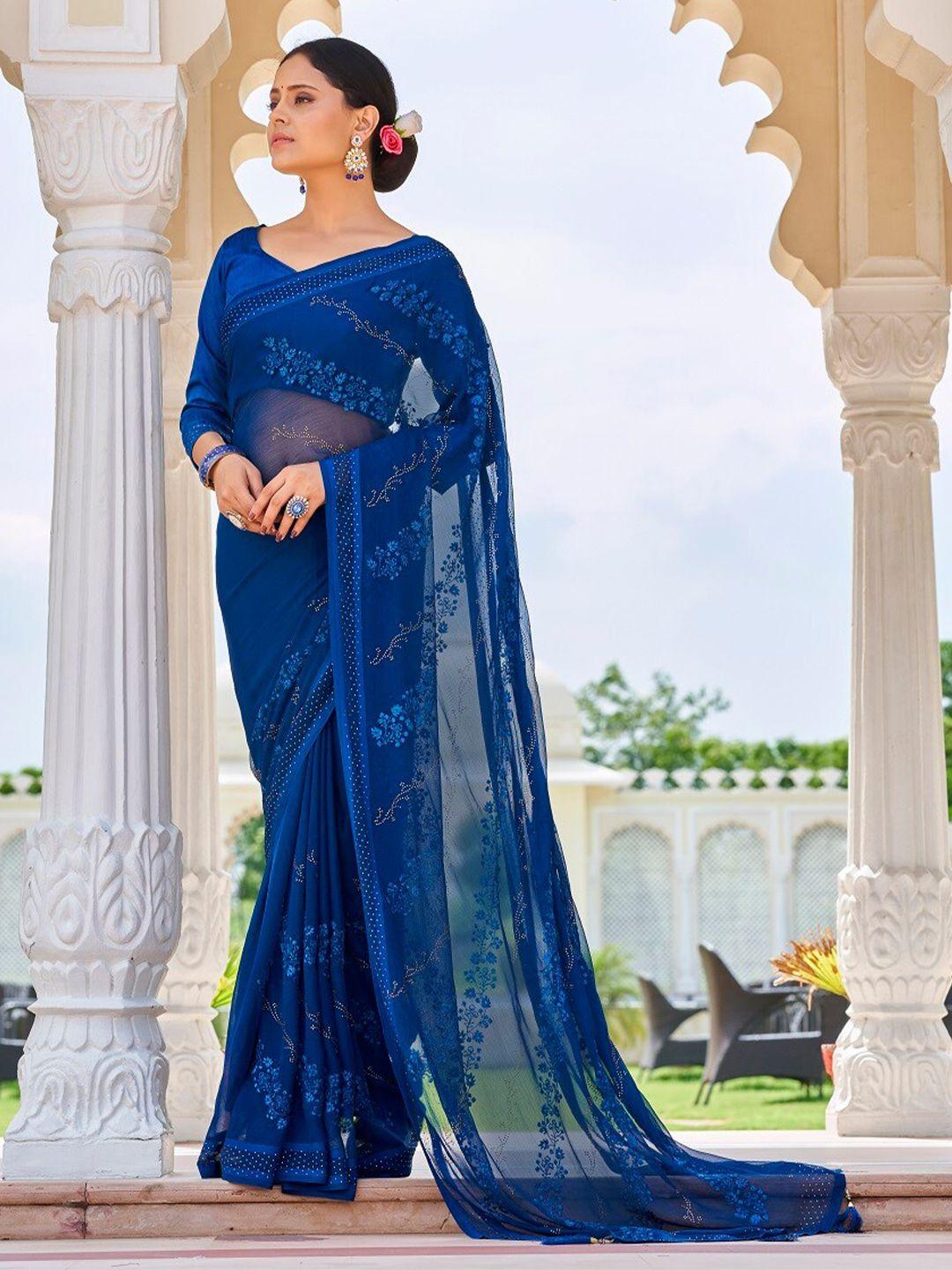 mitera teal embellished beads and stones pure georgette designer saree