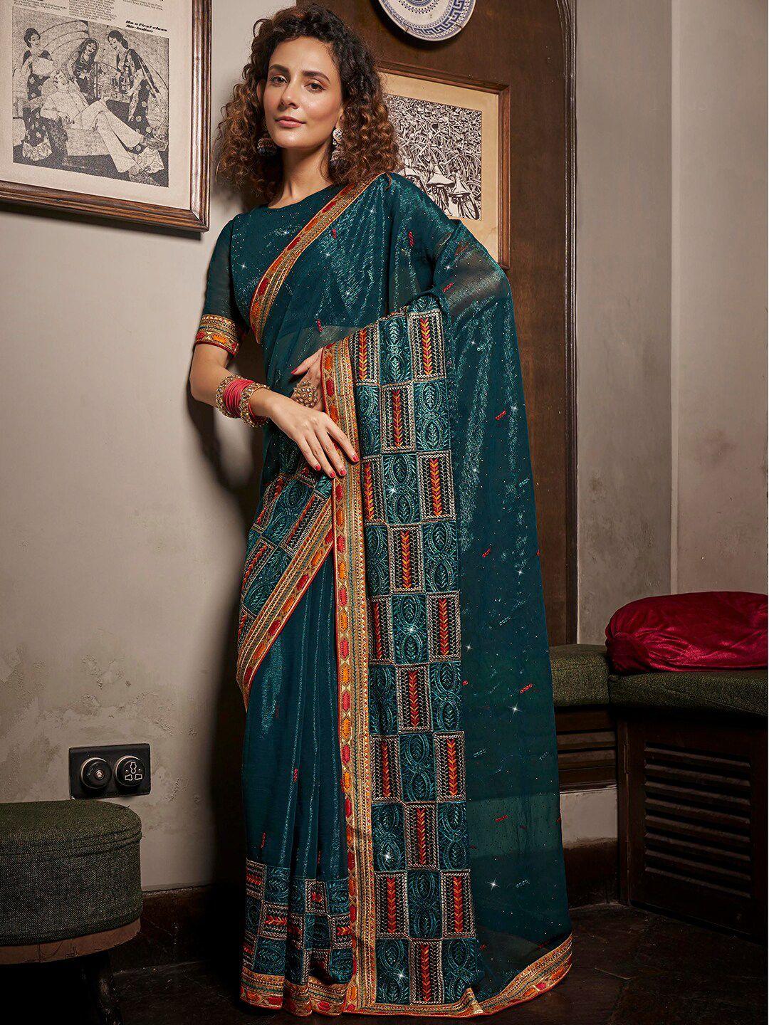 mitera teal embellished embroidered pure chiffon designer saree