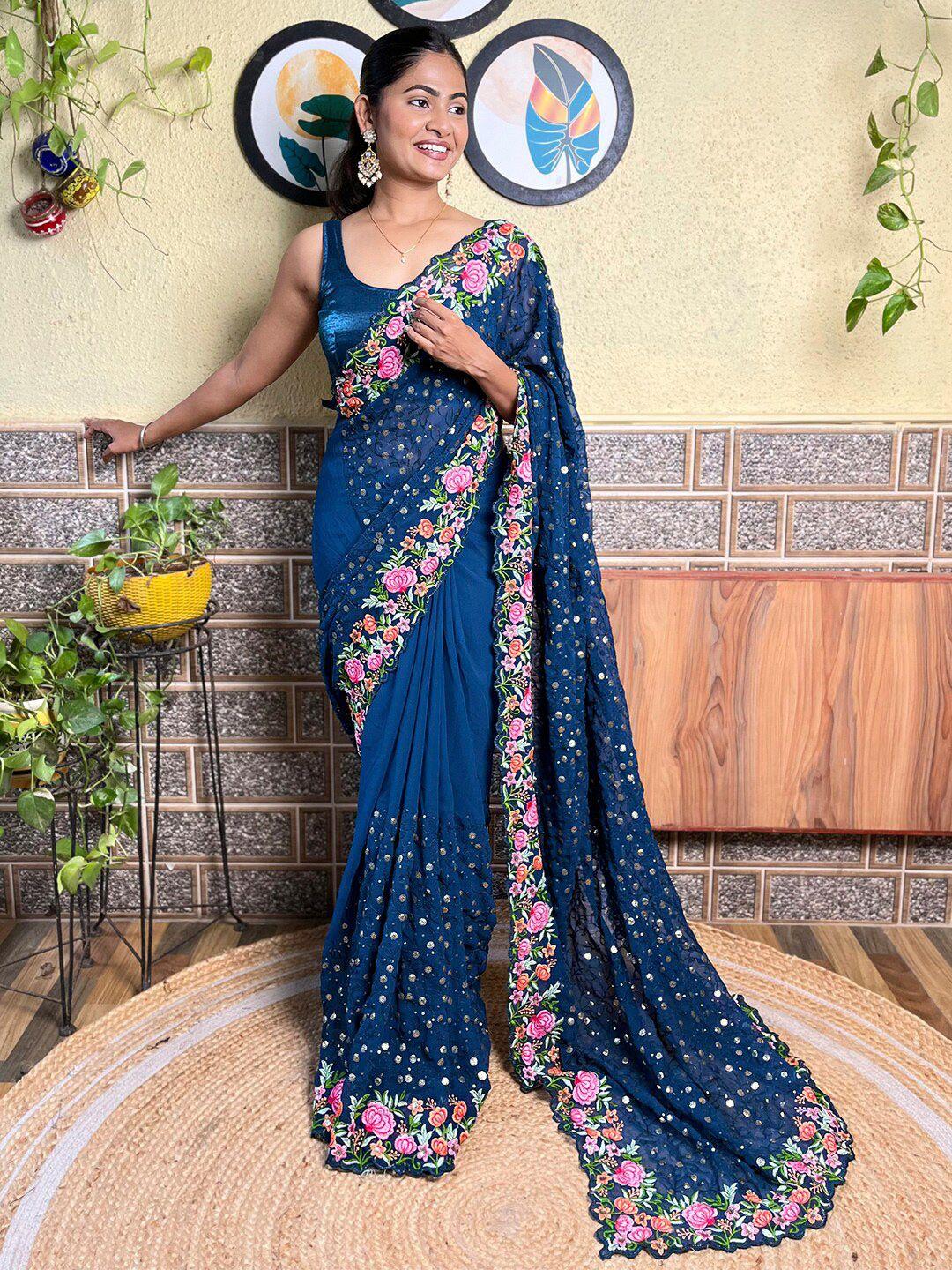 mitera teal ethnic motifs embellished embroidered pure georgette designer saree