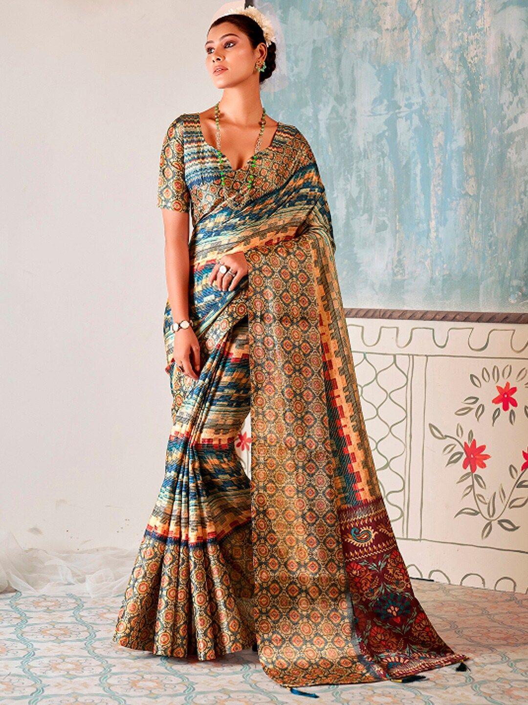 mitera teal ethnic motifs printed silk blend sungudi saree