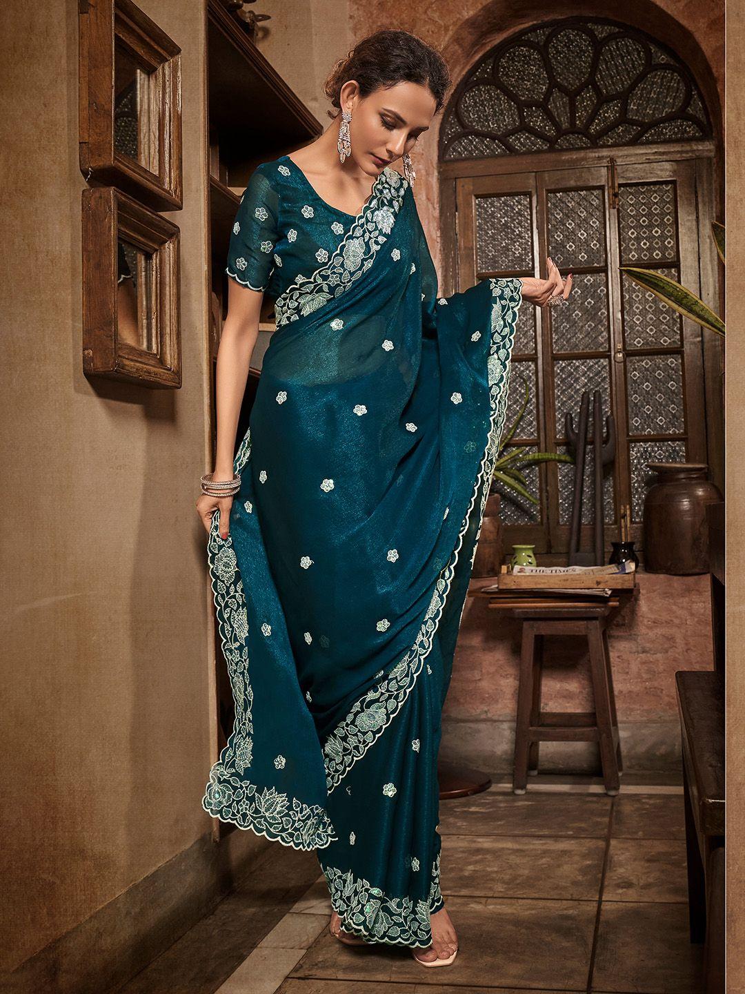 mitera teal floral embroidered sequinned pure chiffon saree