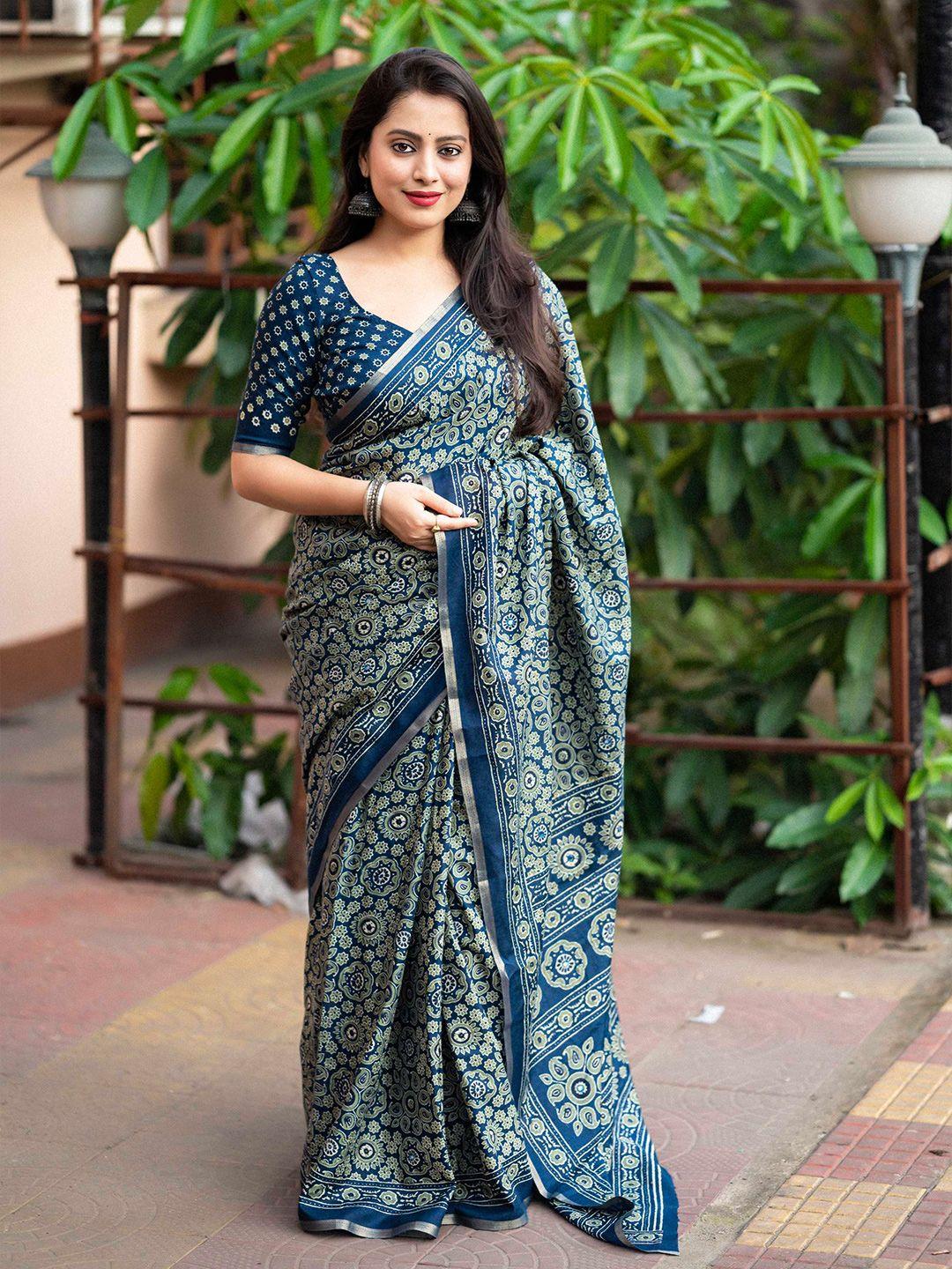 mitera teal floral printed zari cotton blend saree