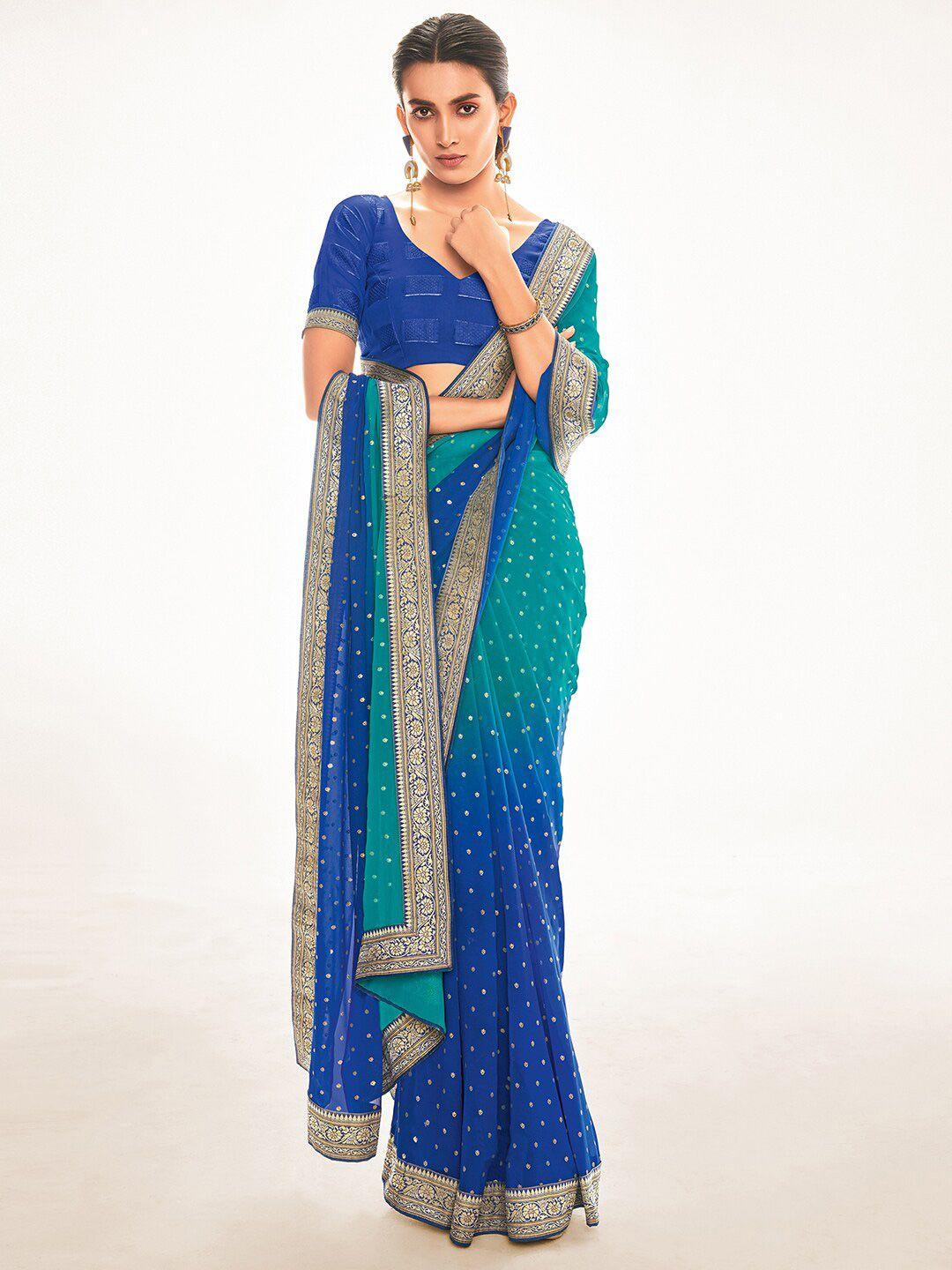 mitera teal green & blue woven design zari silk blend saree