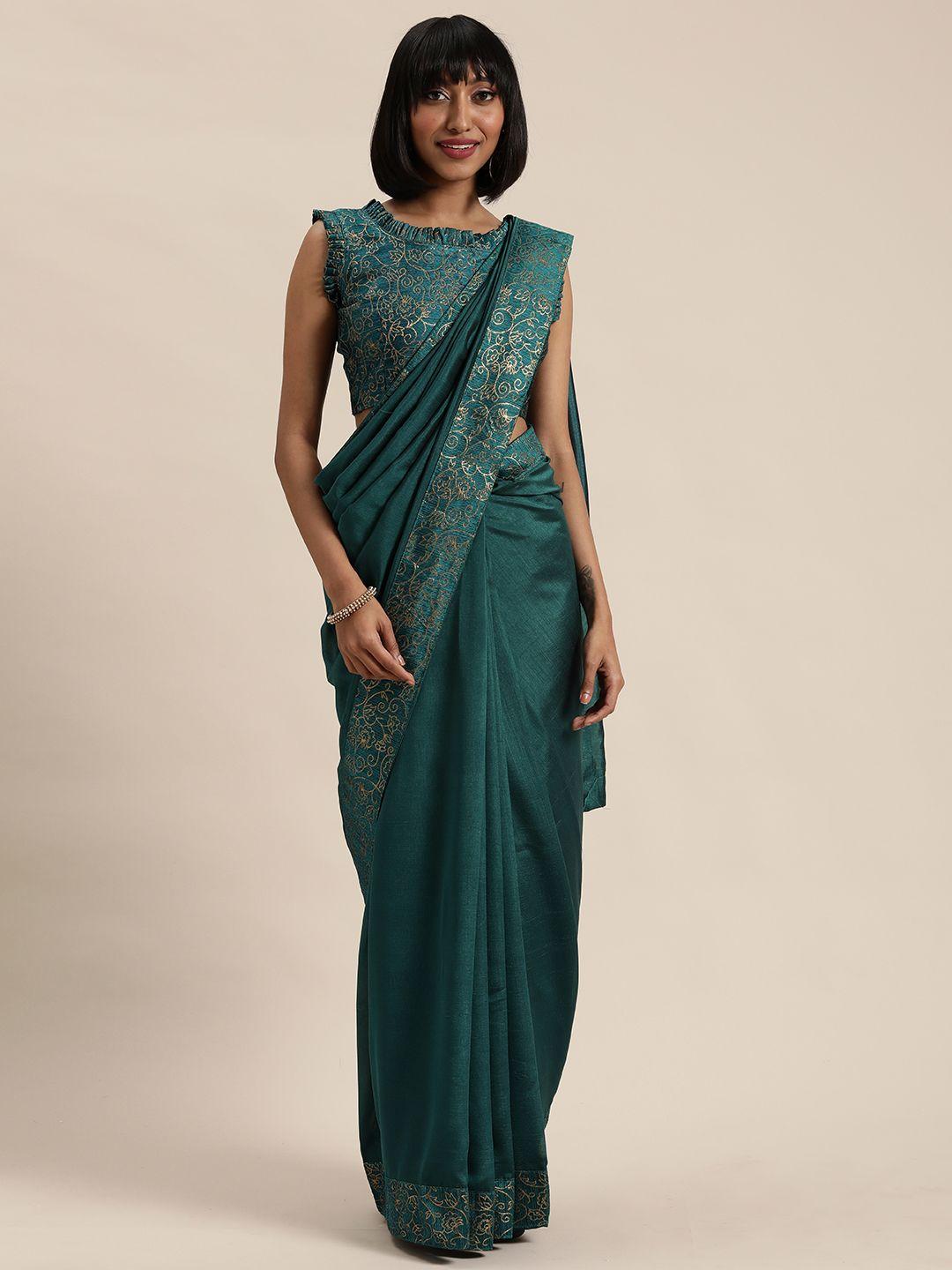 mitera teal green & gold-toned solid saree