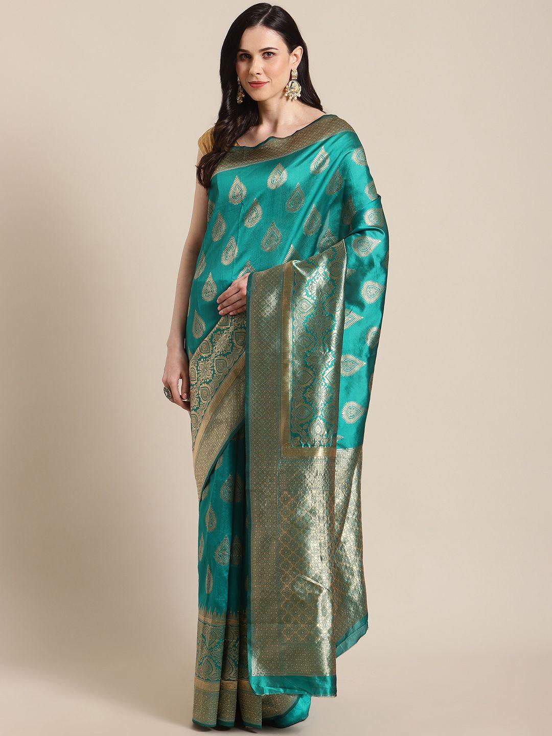 mitera teal green & golden woven design banarasi saree