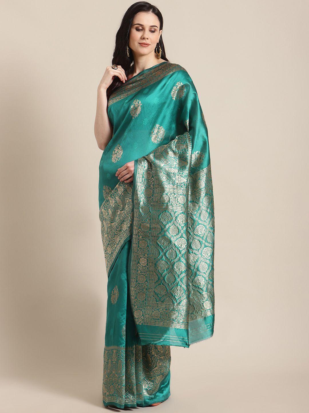 mitera teal green & golden woven design banarasi saree