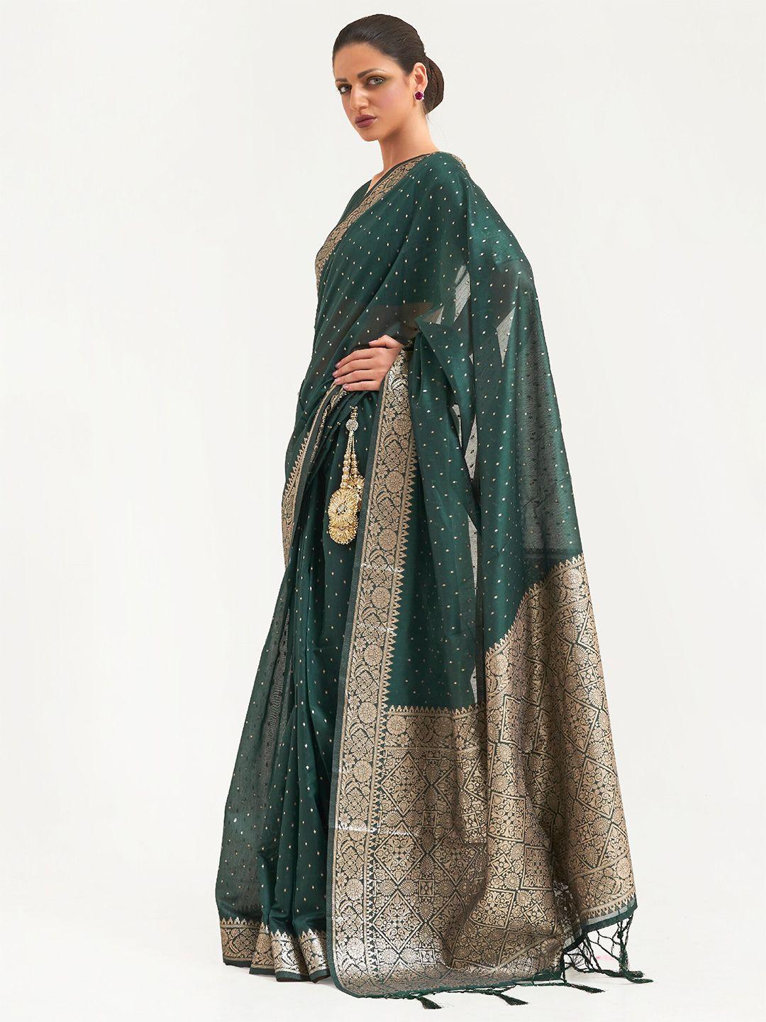 mitera teal green & golden zari silk blend banarasi saree