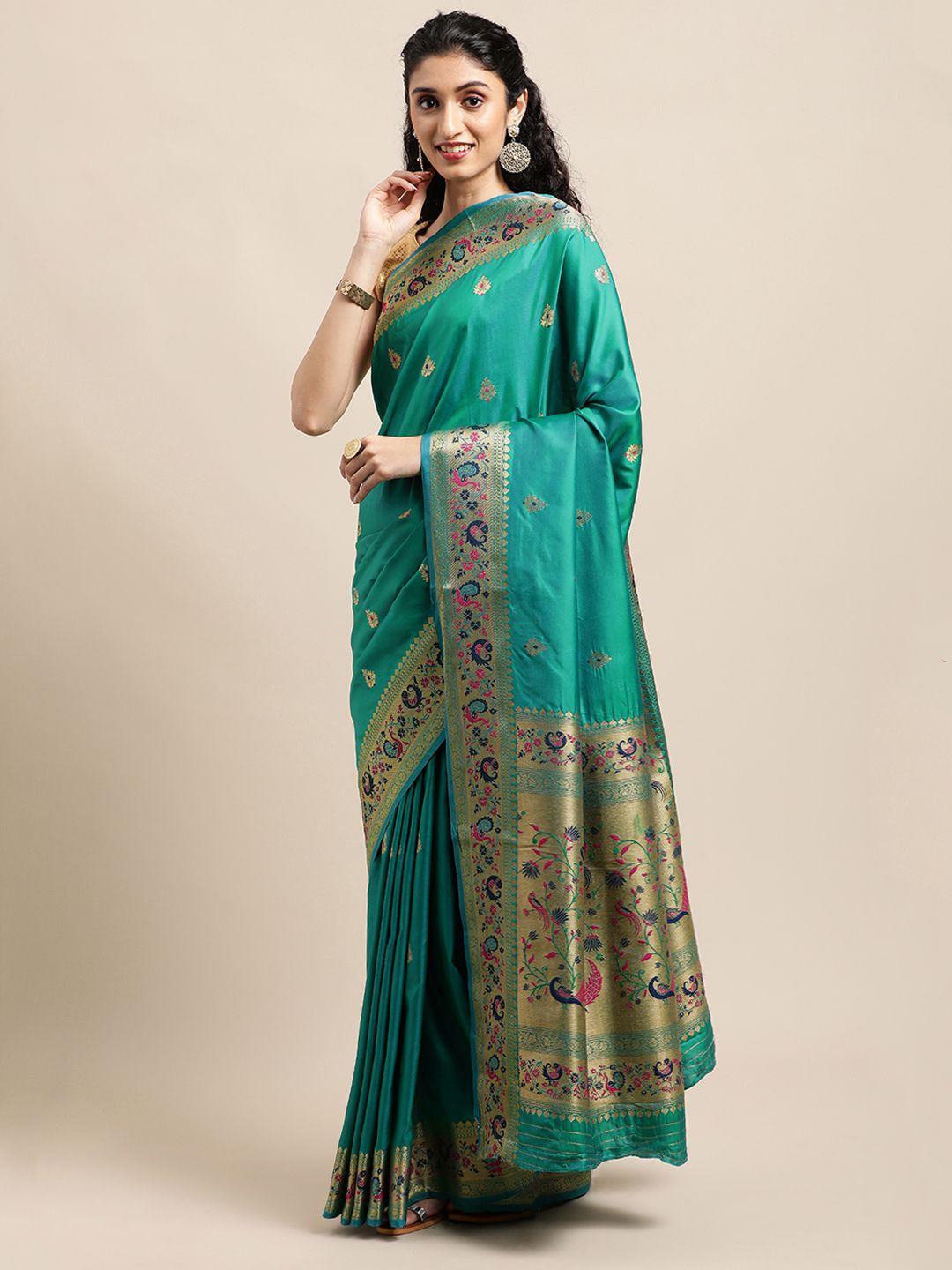 mitera teal green ethnic motifs zari silk blend paithani saree