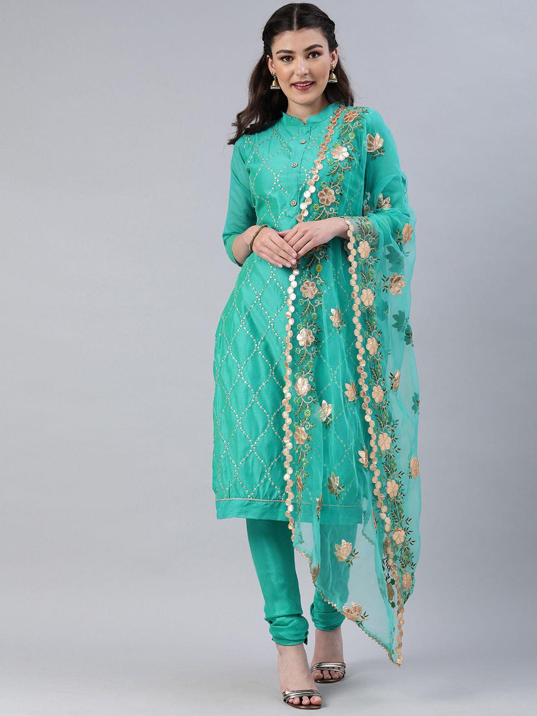 mitera teal green silk blend unstitched dress material