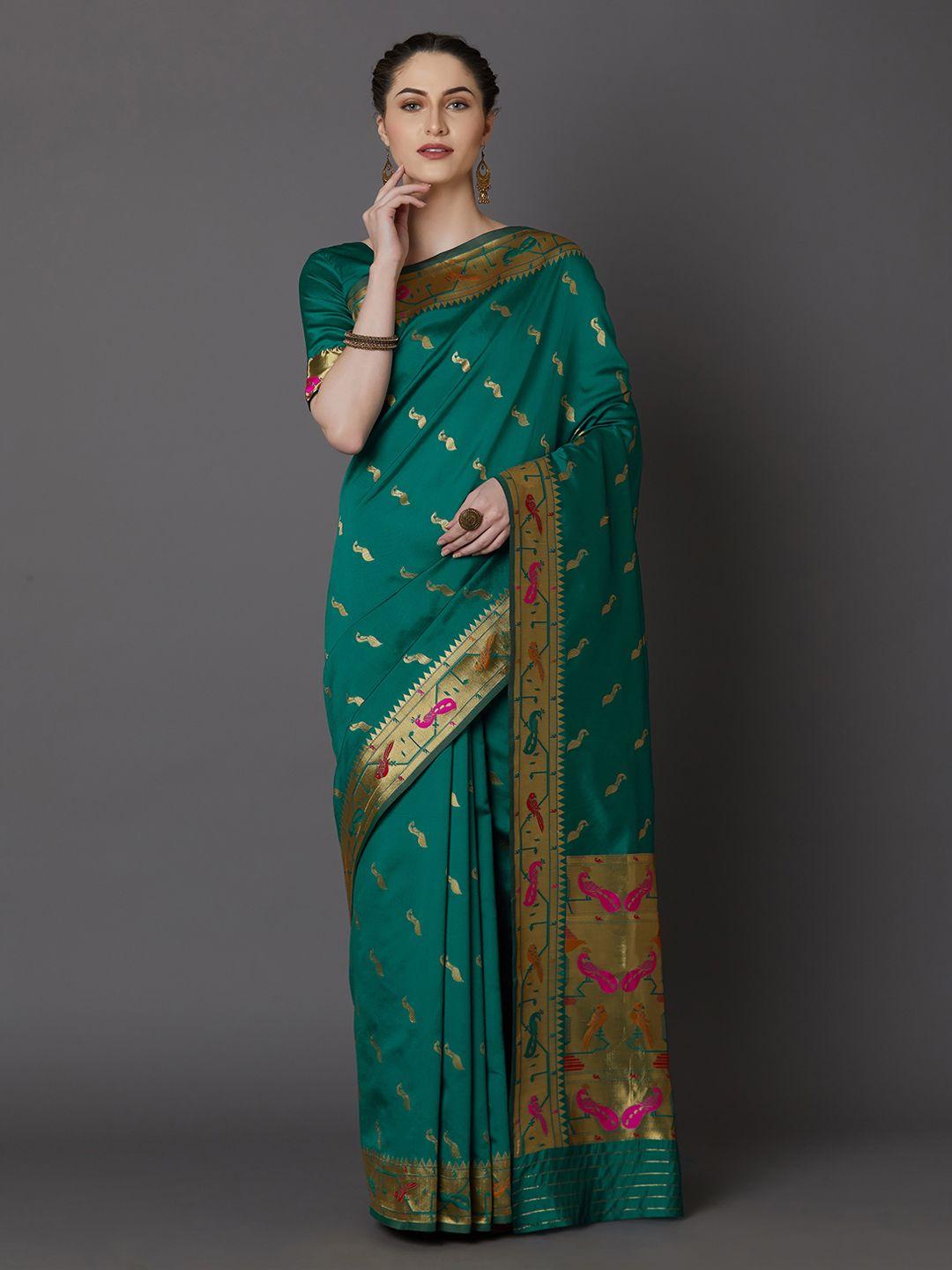 mitera teal green silk blend woven design banarasi saree