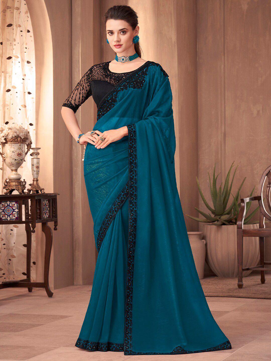 mitera teal sequinned pure georgette designer saree