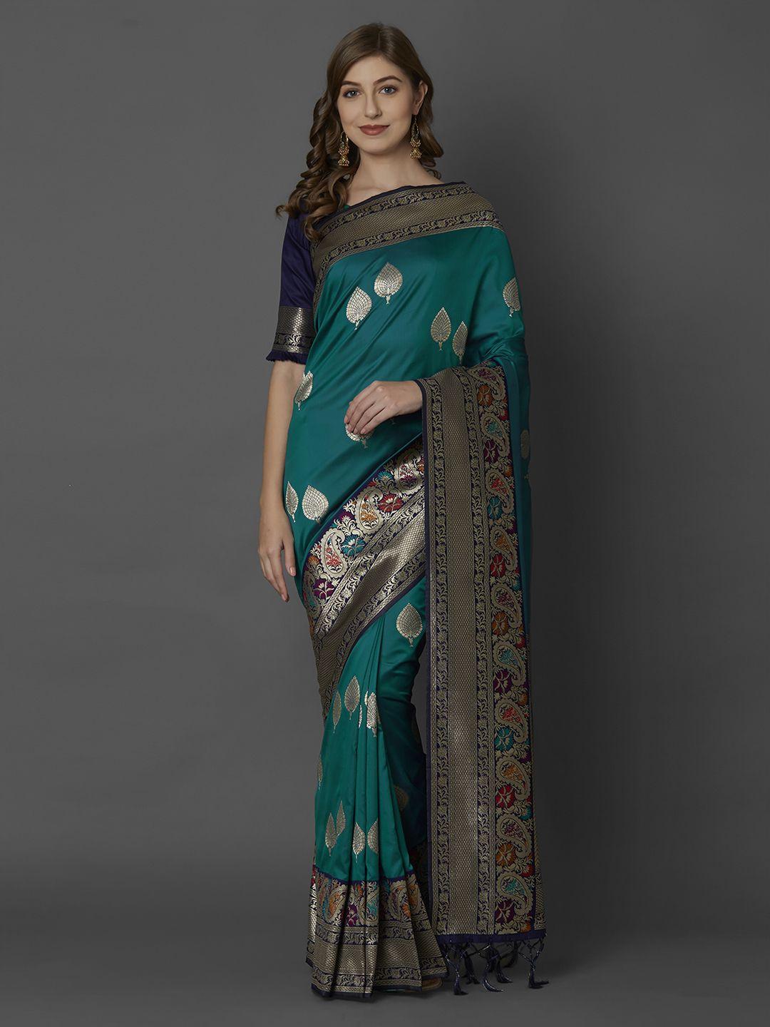 mitera teal silk blend woven design kanjeevaram saree