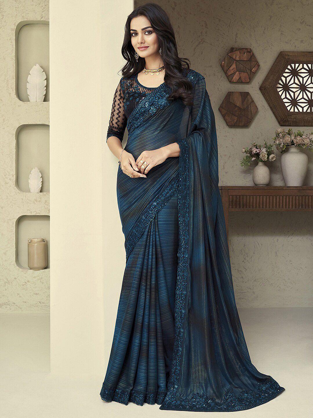 mitera teal striped embroidered pure georgette saree