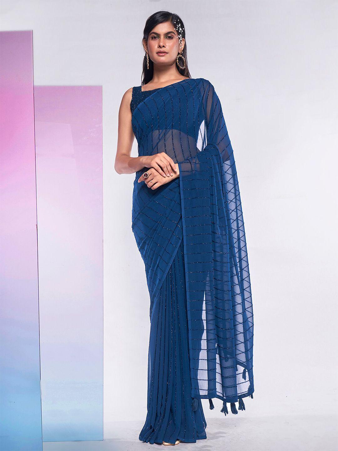 mitera teal striped tasseled pure georgette saree