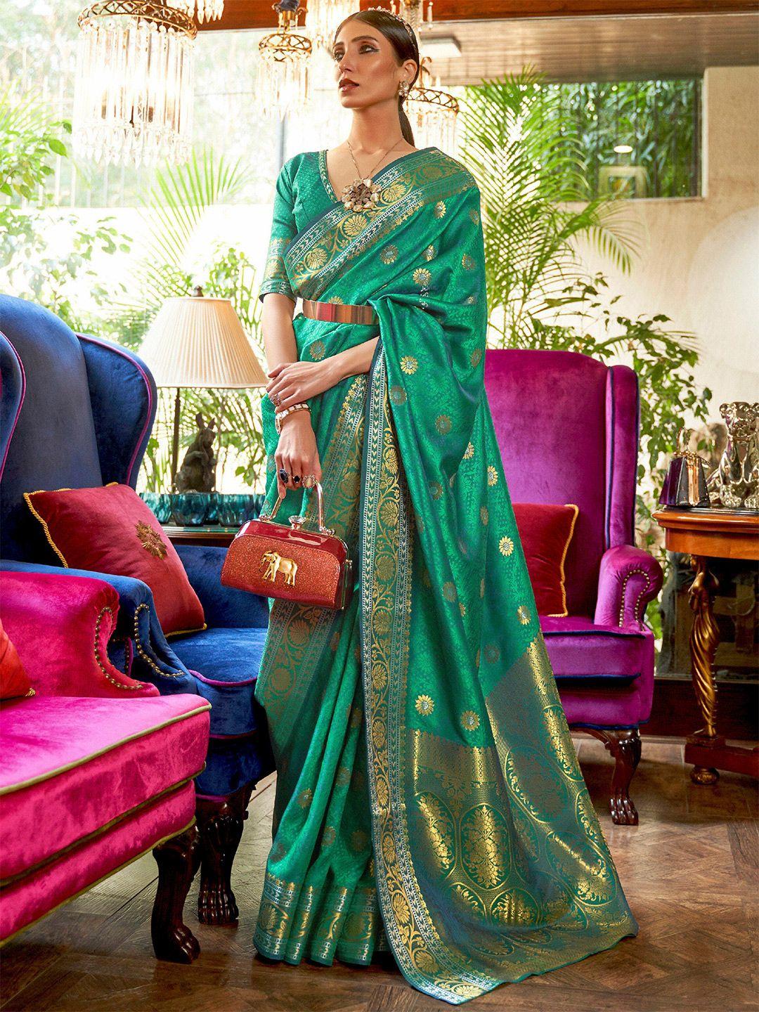 mitera teal woven design zari silk blend banarasi saree