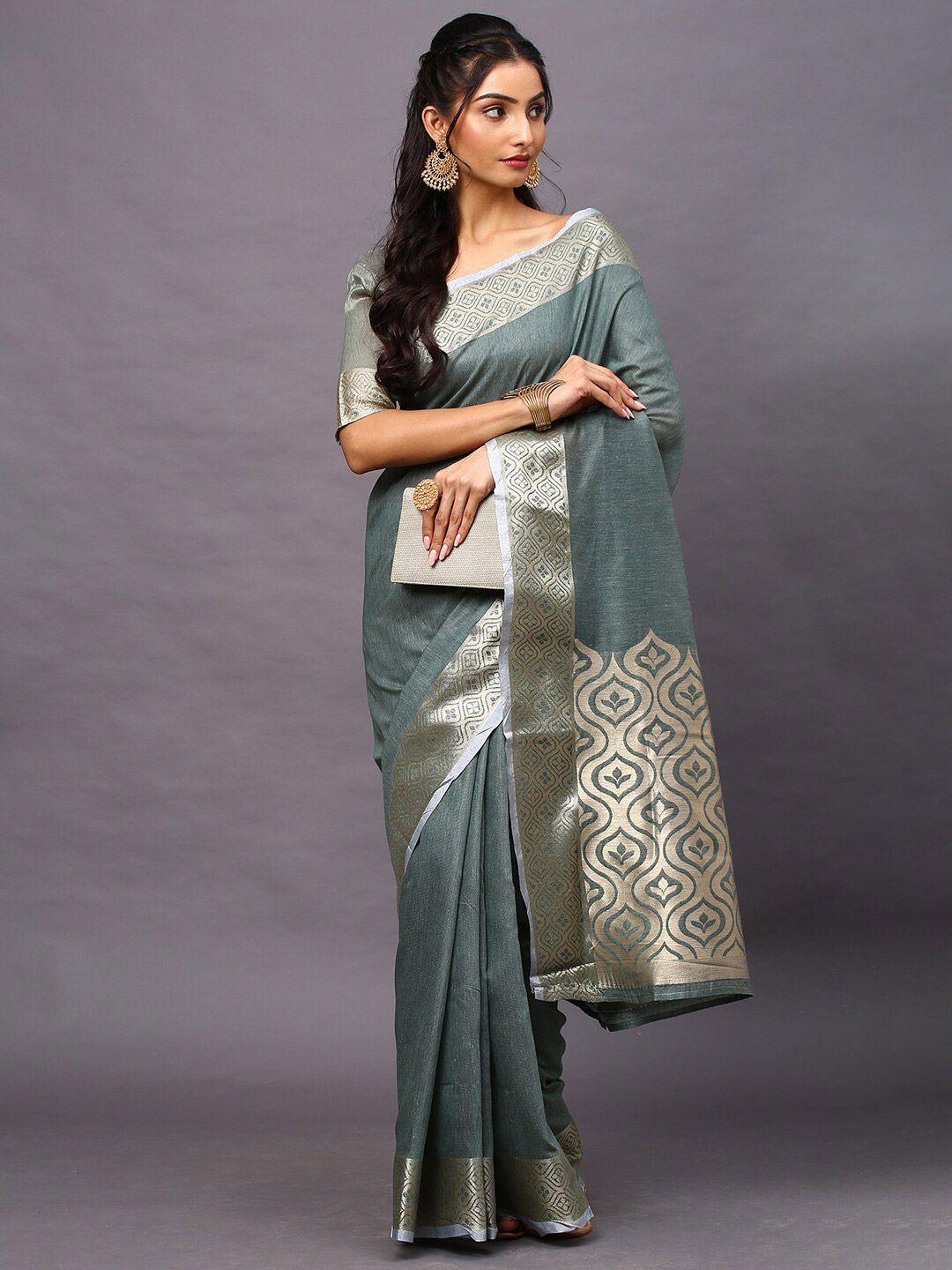 mitera teal zari linen blend taant saree