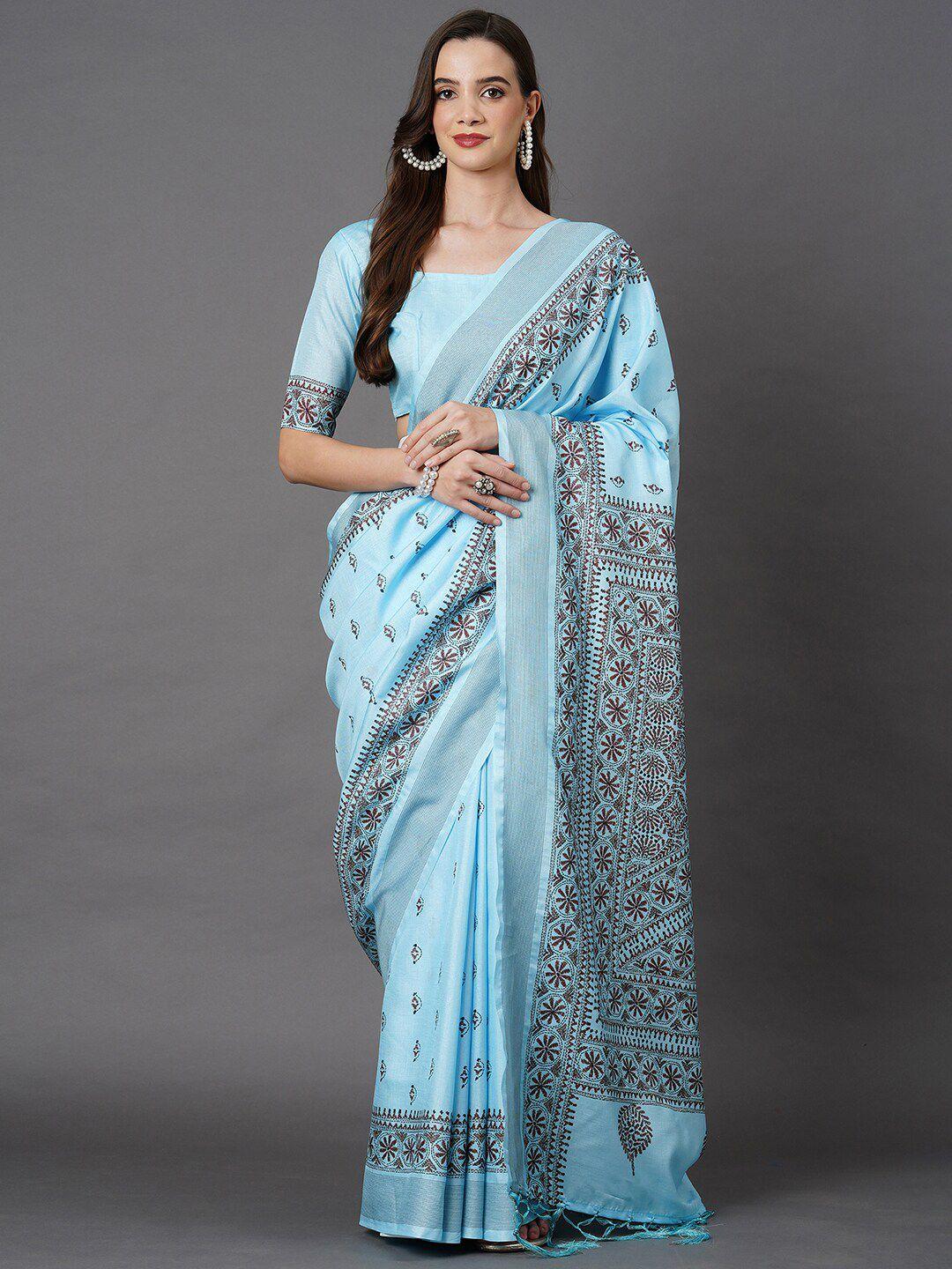 mitera turquoise blue & black ethnic motifs art silk saree