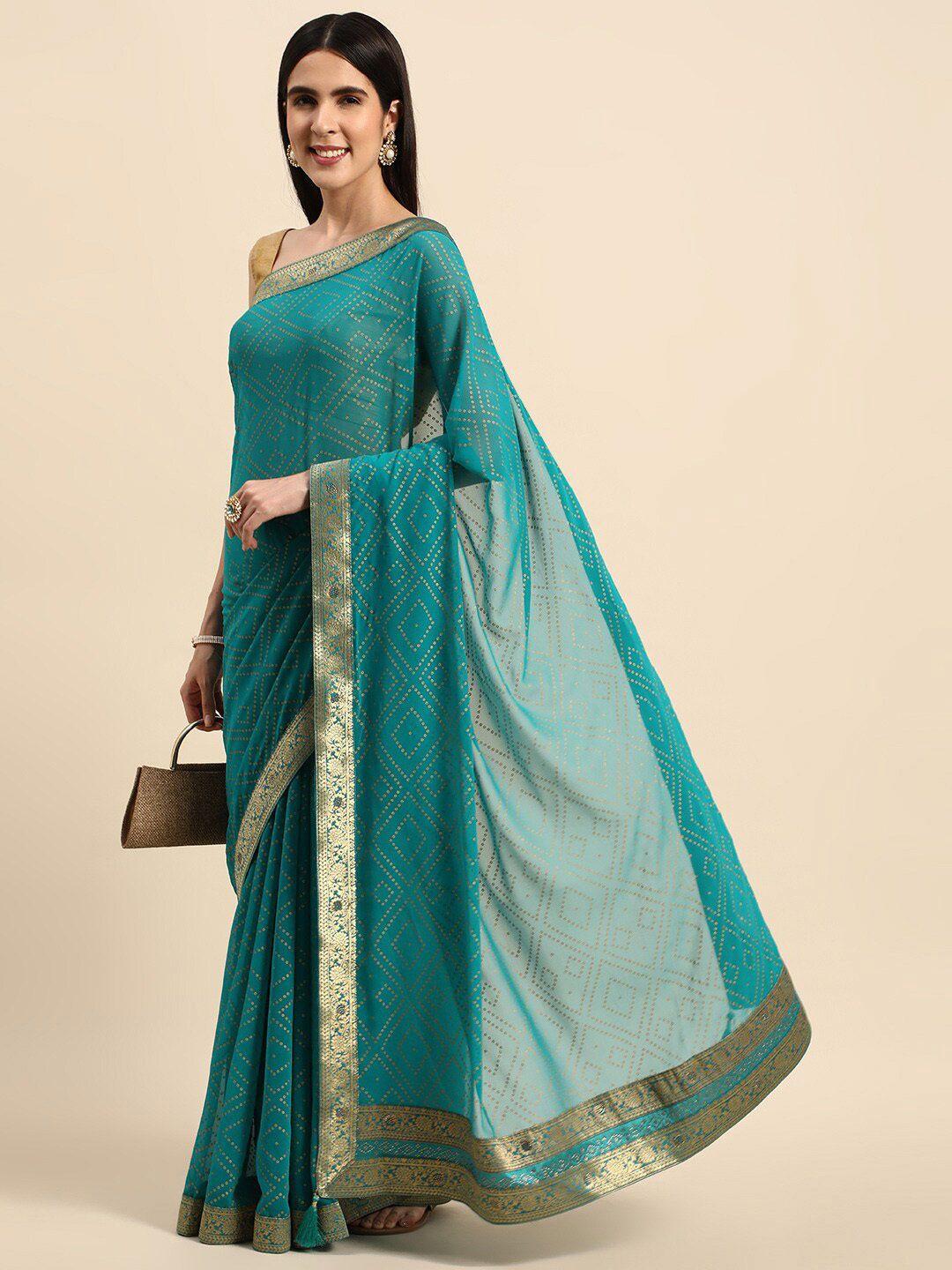 mitera turquoise blue & gold-toned bandhani printed zari pure georgette saree