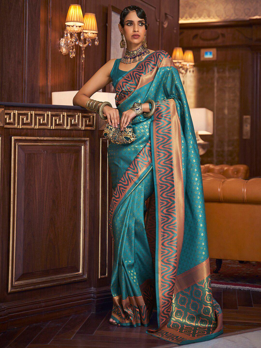 mitera turquoise blue & gold-toned ethnic motifs silk blend banarasi saree