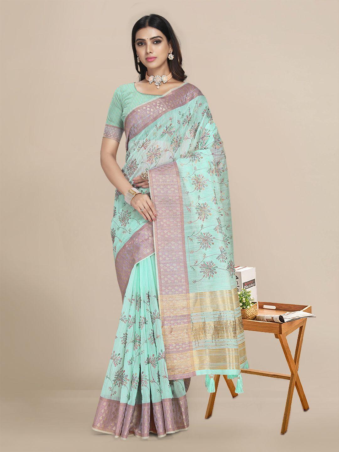 mitera turquoise blue & gold-toned ethnic motifs zari pochampally saree