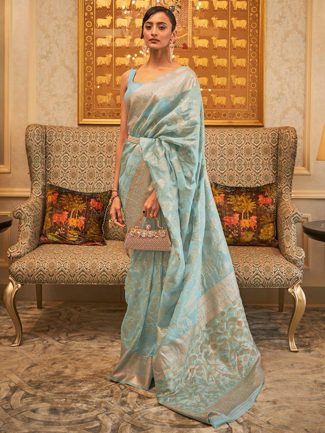 mitera turquoise blue & gold-toned ethnic motifs zari silk blend saree