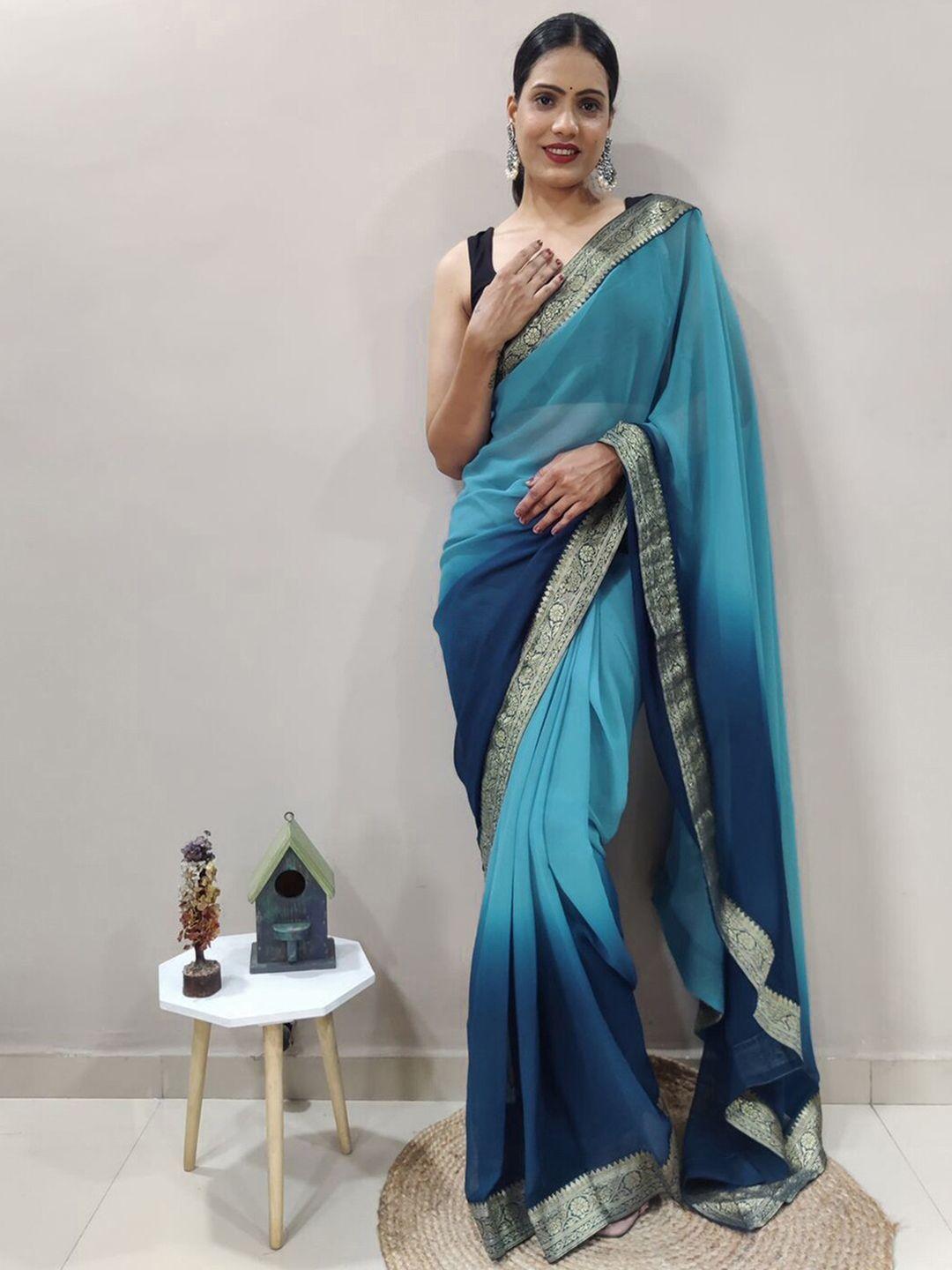 mitera turquoise blue & gold-toned ombre zari saree