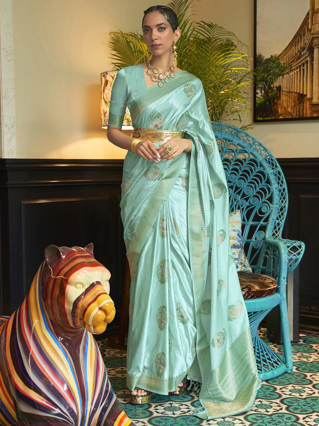 mitera turquoise blue & gold-toned paisley zari silk blend bagru saree