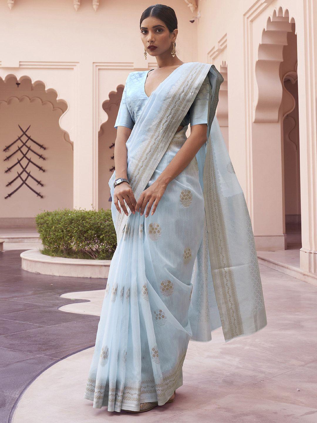 mitera turquoise blue & gold-toned woven design zari linen blend banarasi saree