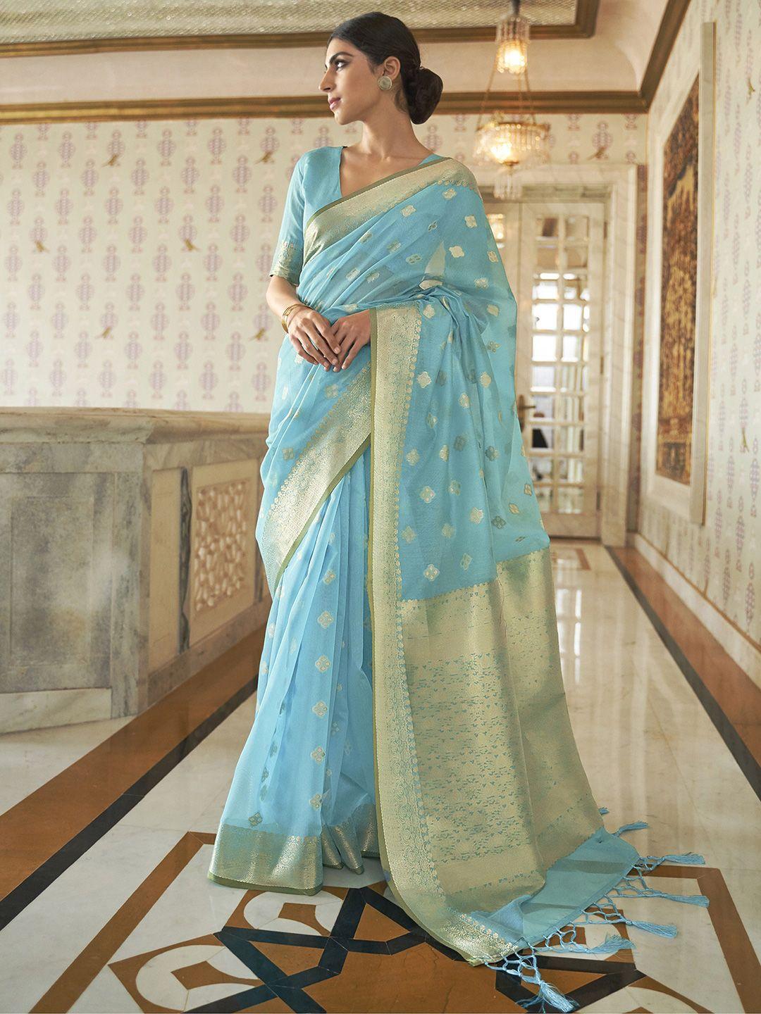 mitera turquoise blue & gold-toned woven design zari silk blend banarasi saree