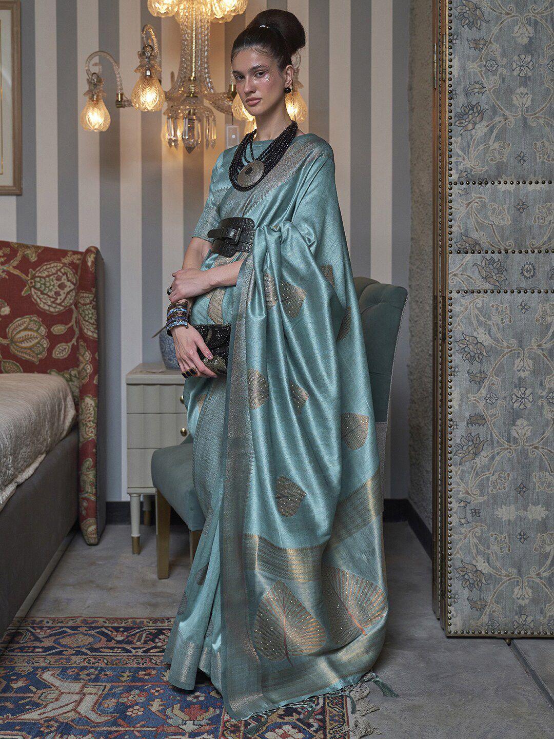 mitera turquoise blue & gold-toned woven design zari silk blend banarasi saree