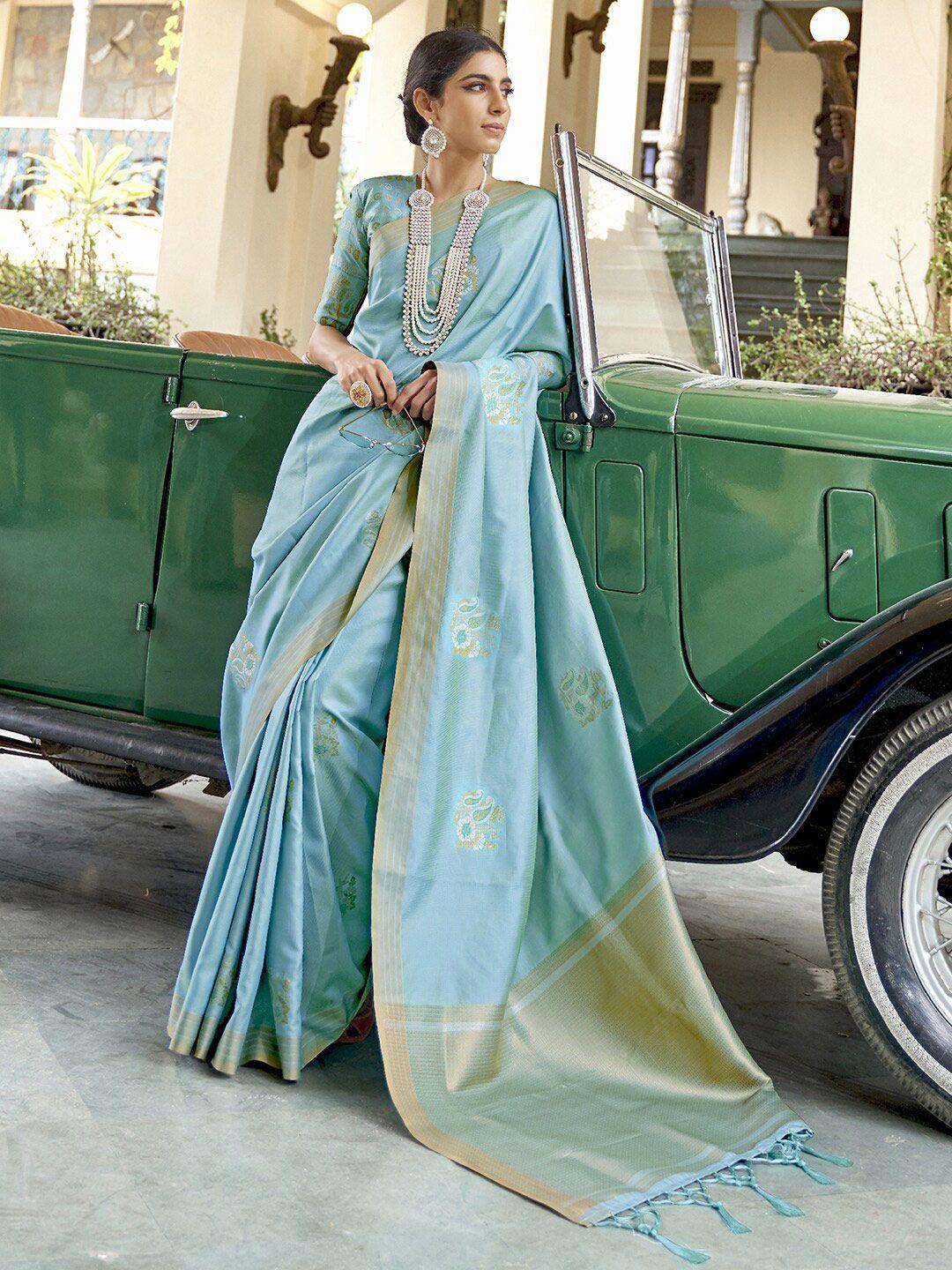 mitera turquoise blue & gold-toned woven design zari silk blend saree