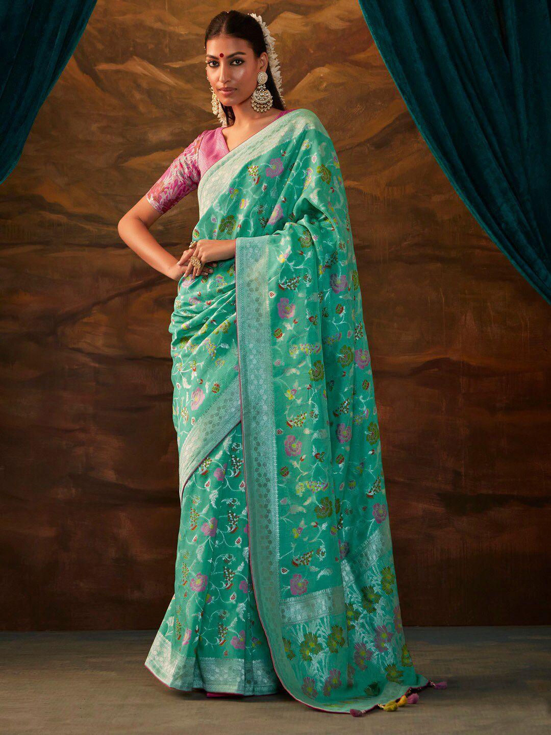 mitera turquoise blue & lavender ethnic motifs zari banarasi saree