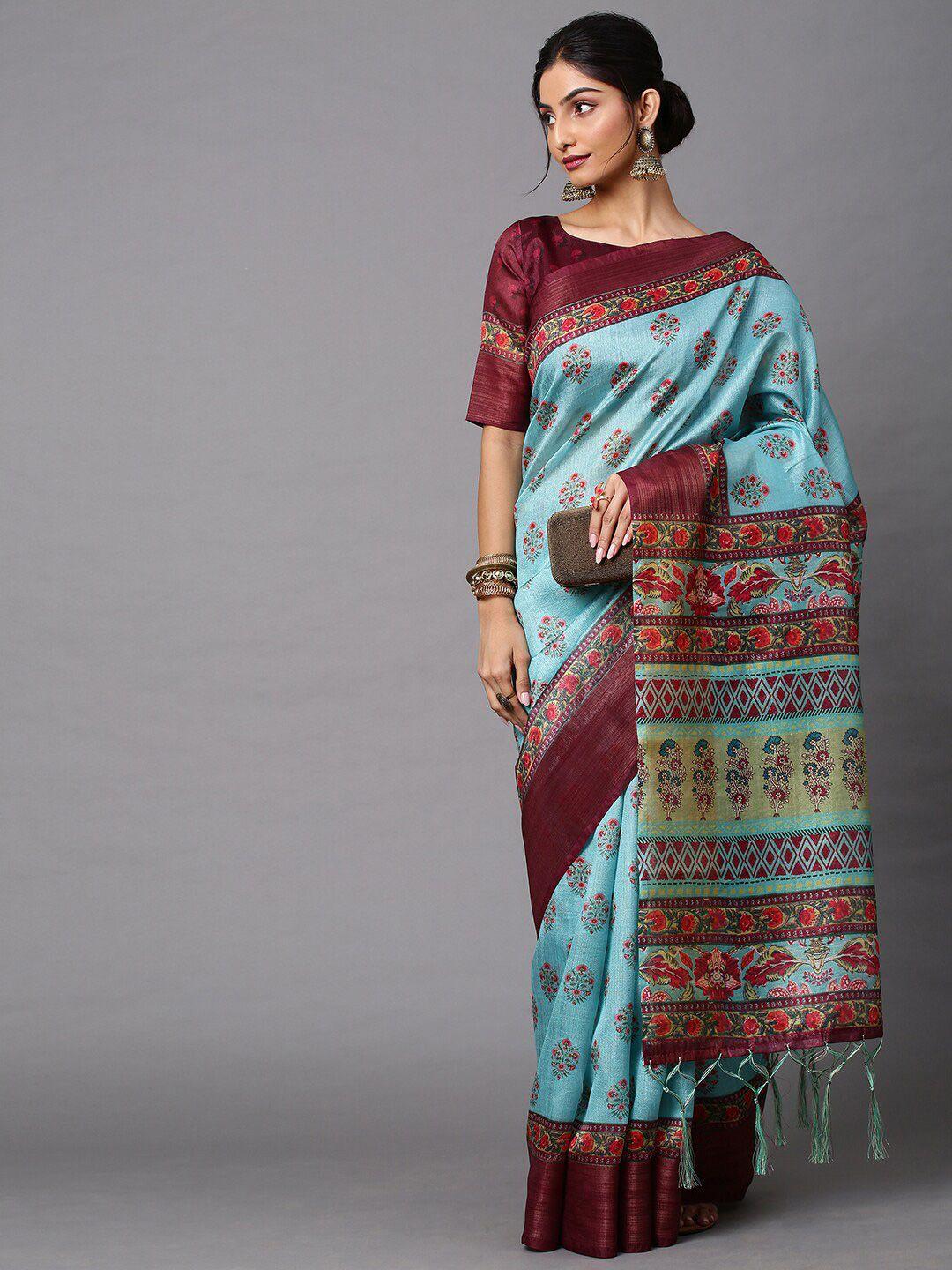 mitera turquoise blue & maroon bagh linen blend block print saree