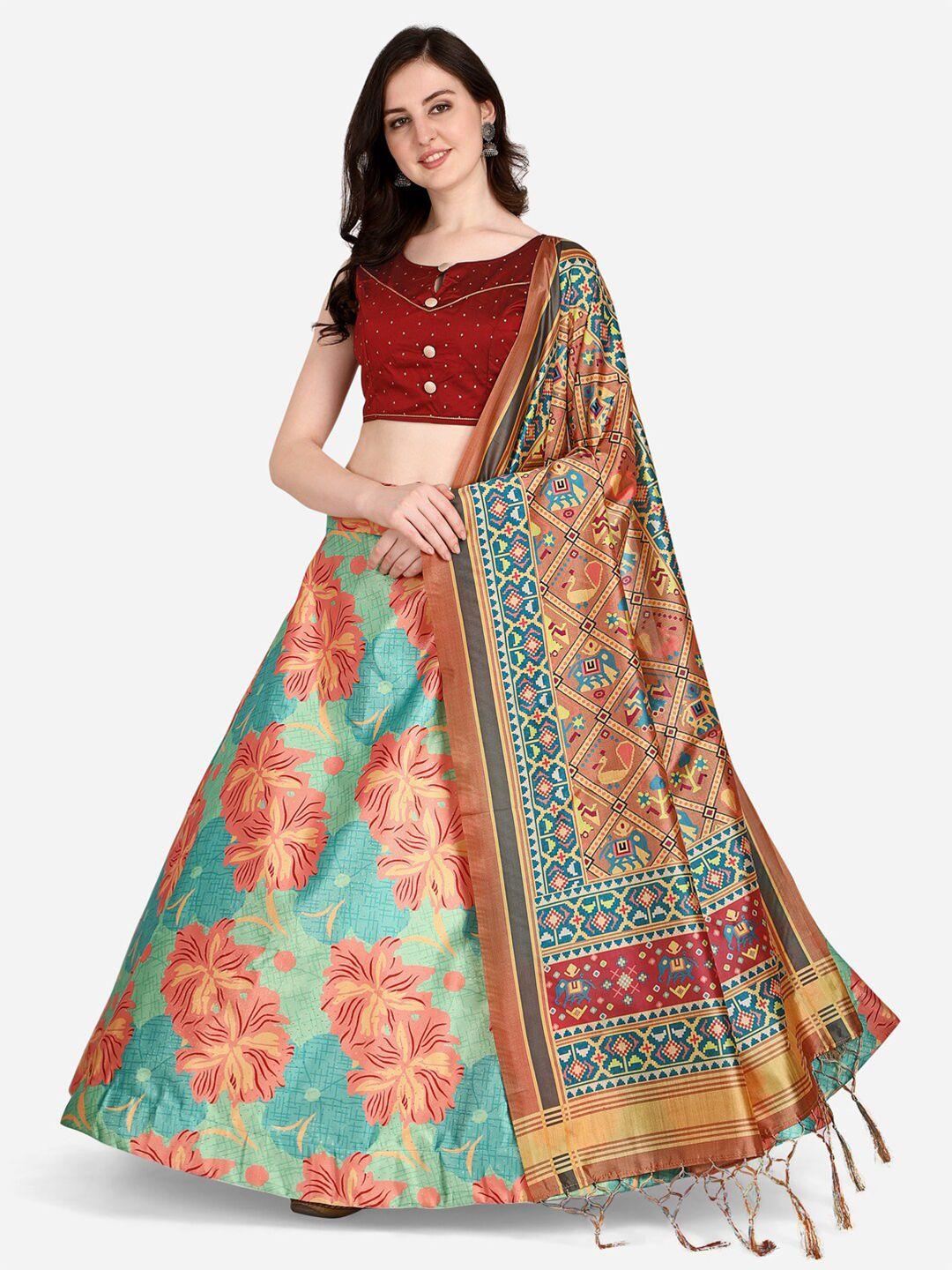 mitera turquoise blue & maroon printed semi-stitched lehenga & unstitched blouse with dupatta