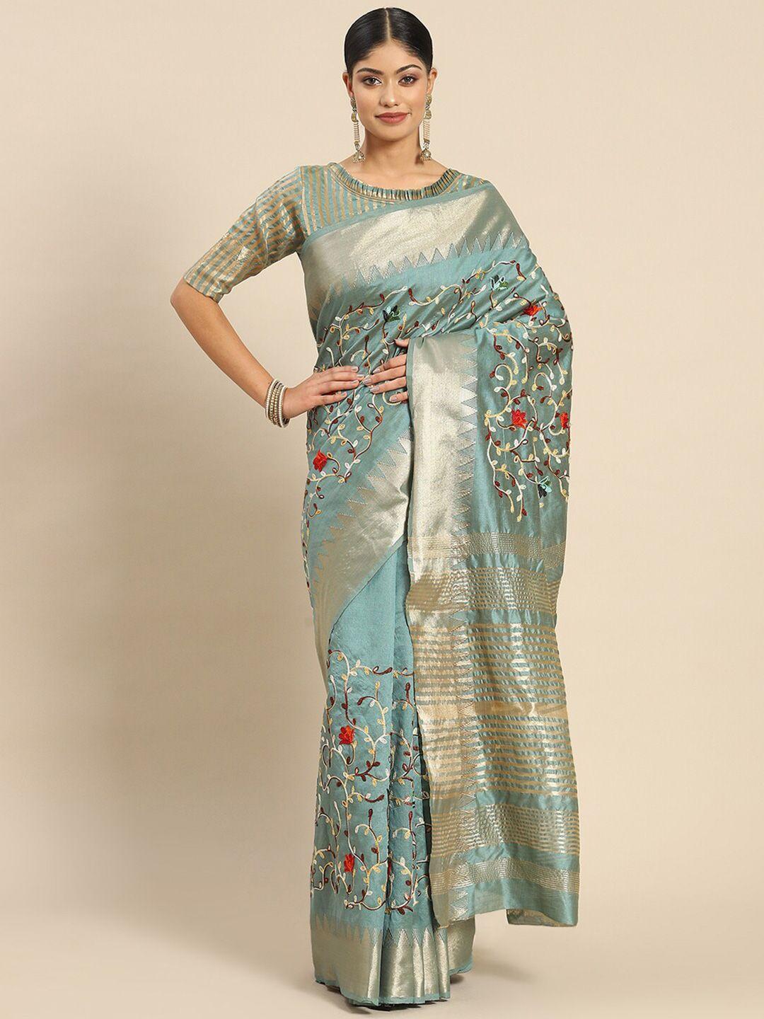 mitera turquoise blue & pink floral embroidered silk cotton saree