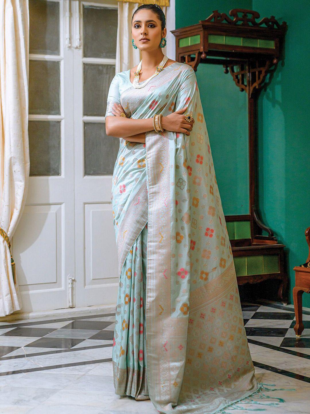 mitera turquoise blue & silver-toned floral woven design zari banarasi saree