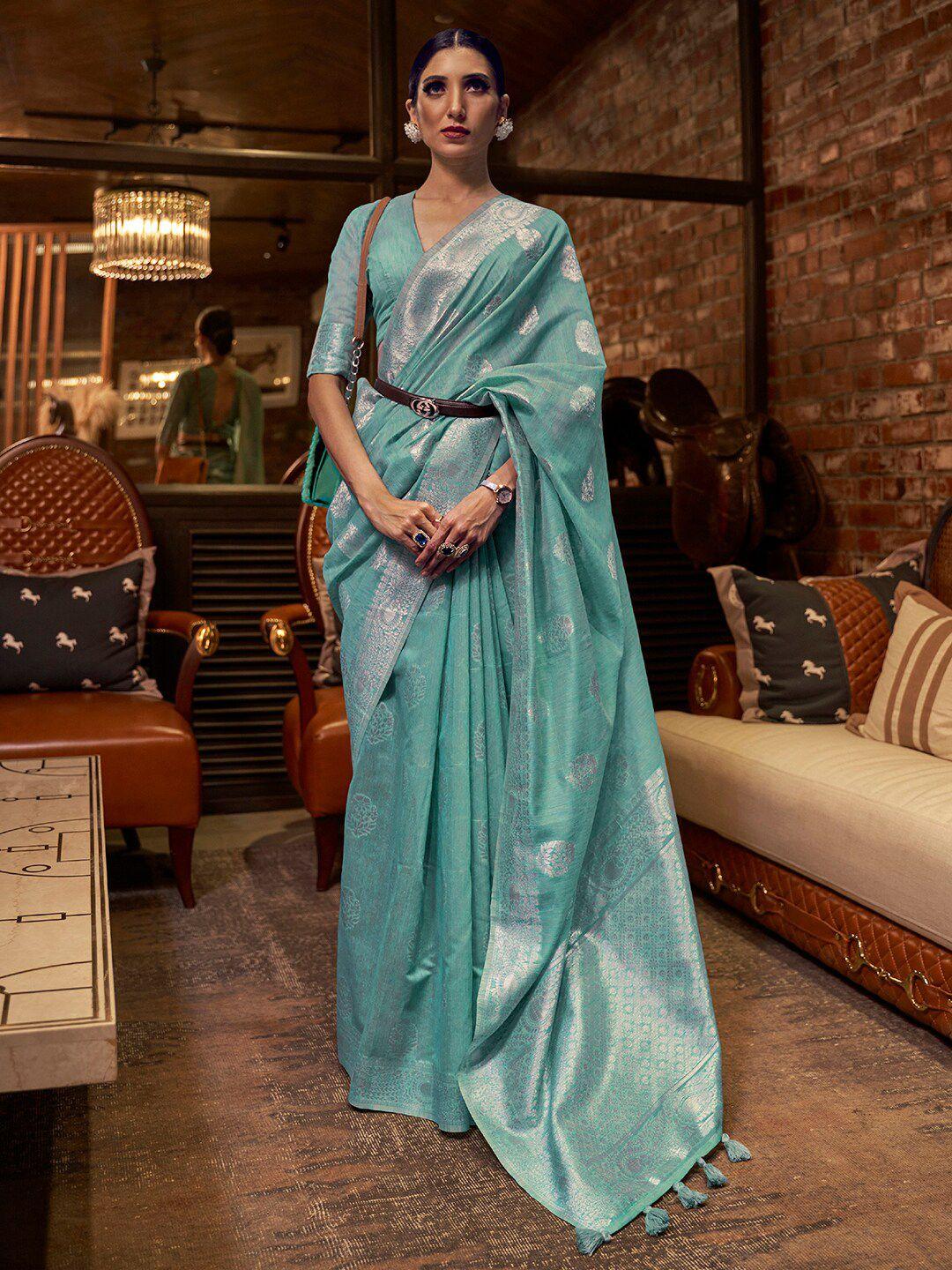 mitera turquoise blue & silver-toned floral zari pure linen banarasi saree