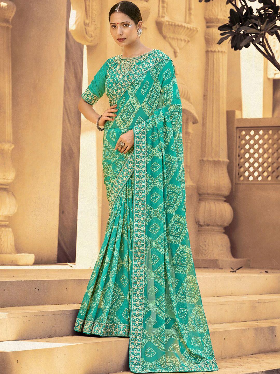 mitera turquoise blue & white embroidered pure georgette bandhani saree