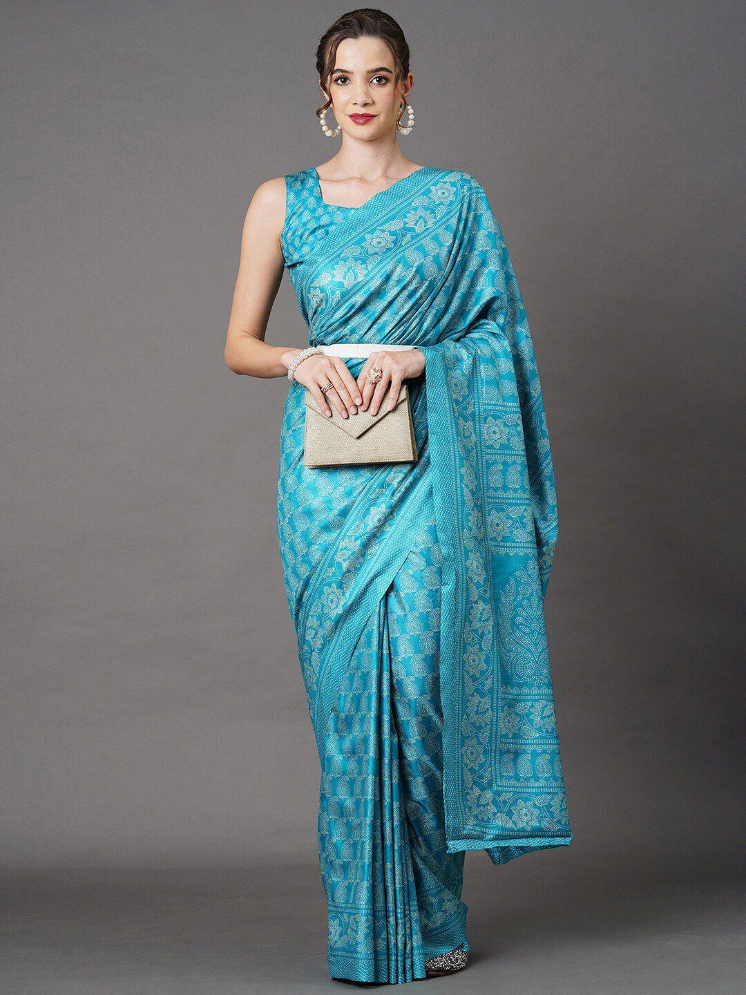 mitera turquoise blue & white floral art silk saree