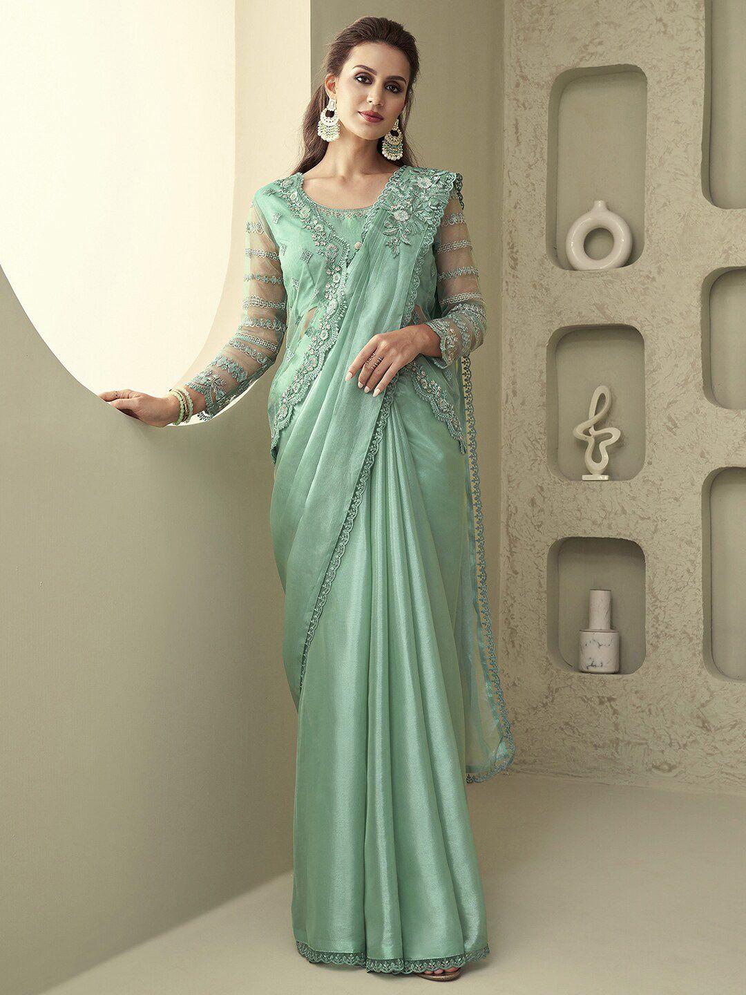 mitera turquoise blue embellished satin saree