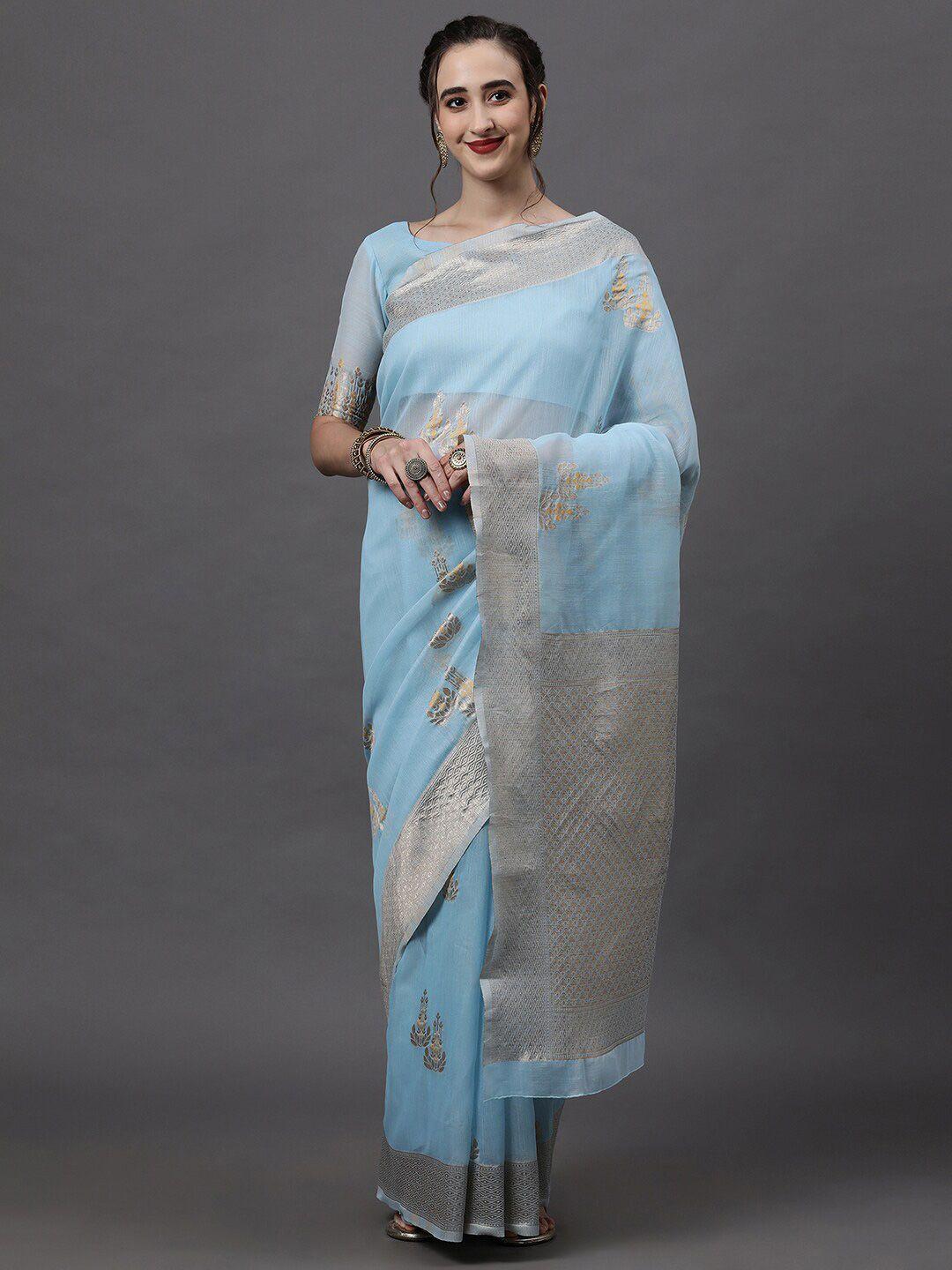 mitera turquoise blue ethnic motifs linen blend banarasi saree