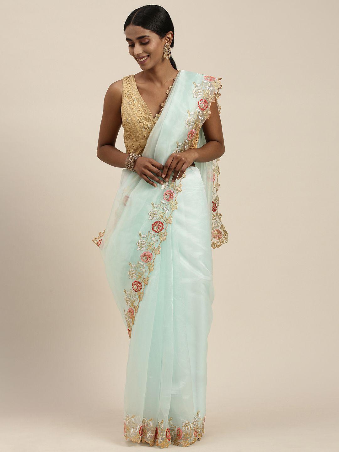 mitera turquoise blue floral embroidered border sequinned organza saree