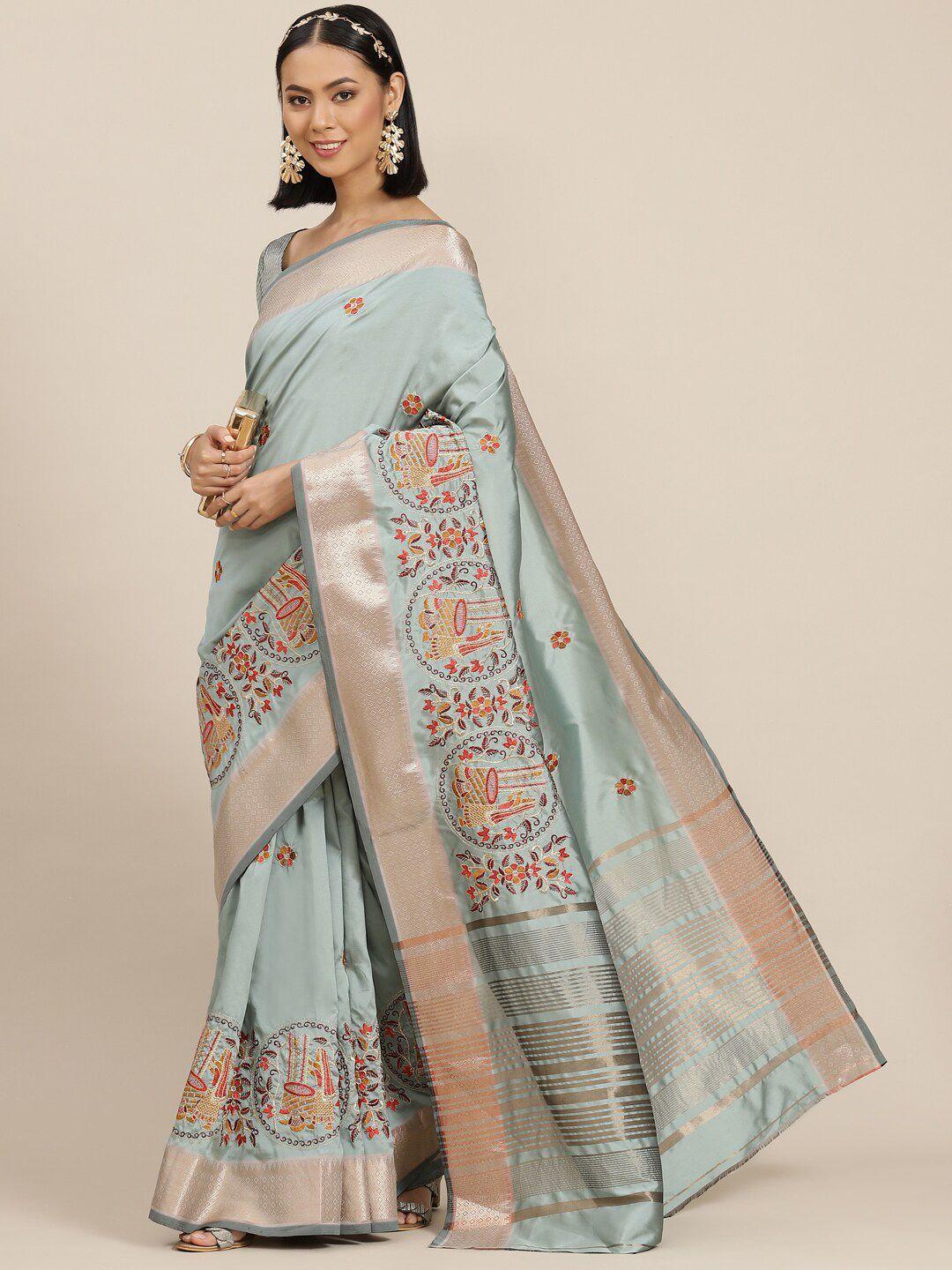 mitera turquoise blue floral embroidered silk cotton saree