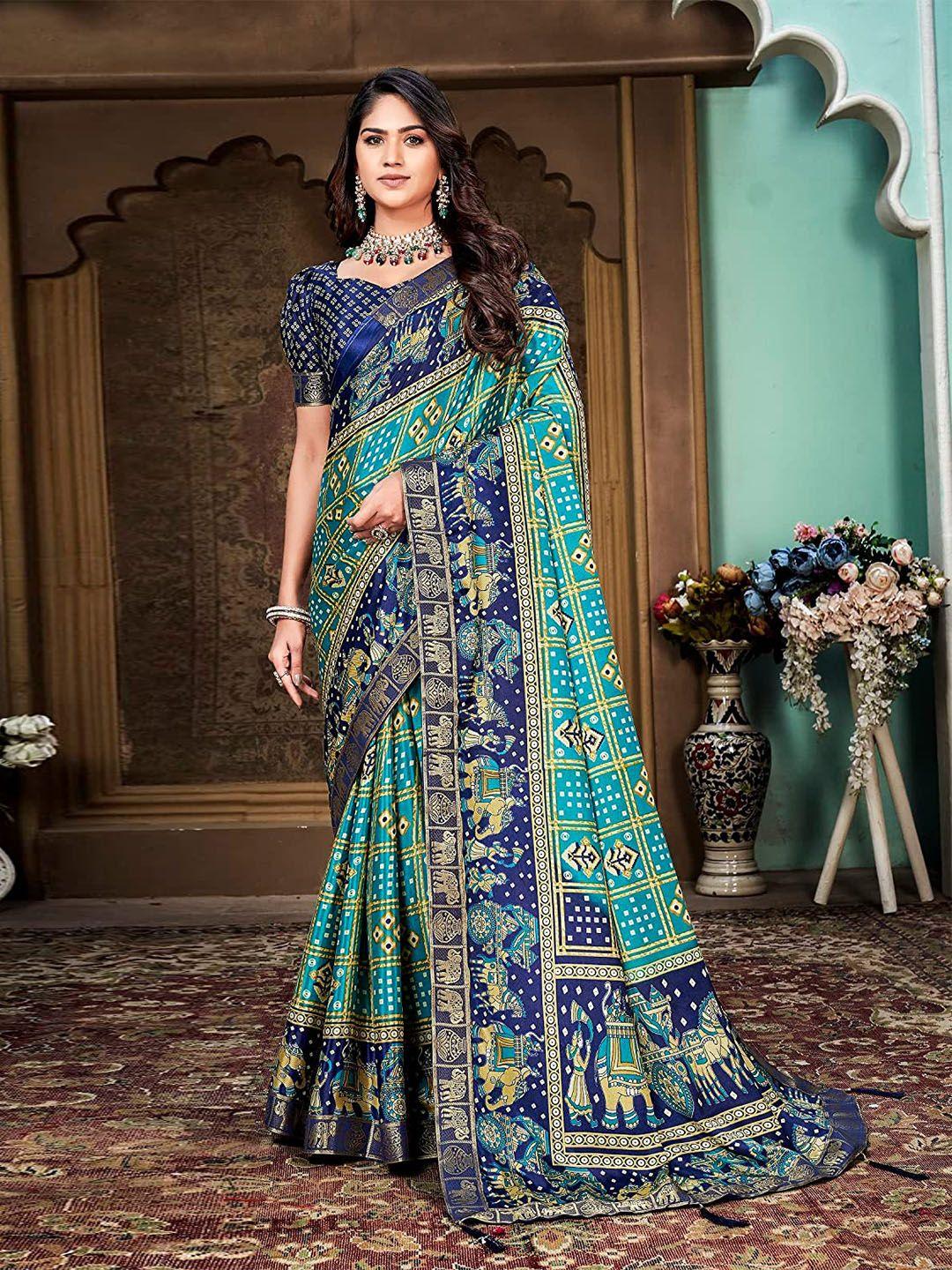 mitera turquoise blue geometric printed silk cotton banarasi saree